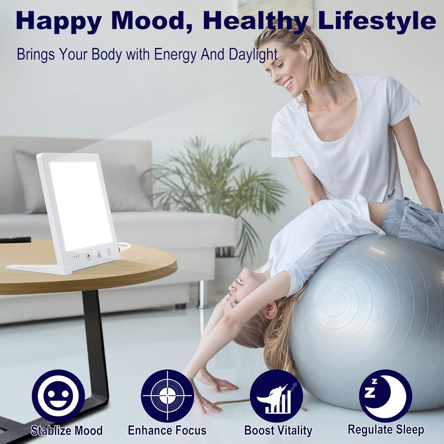 Lampe de luminothérapie, lumière de thérapie sans UV de 10000 lux, lampe solaire avec 3 température de couleur, lumière heureuse pour le bureau à