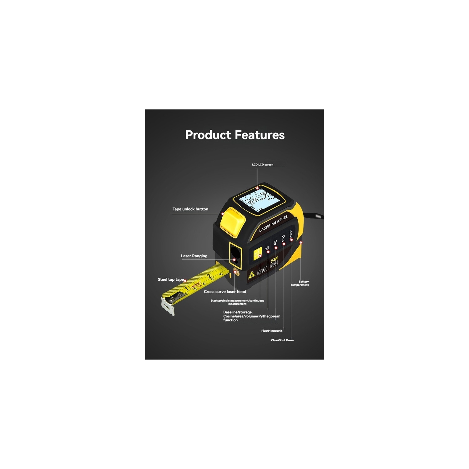 4-in-1 digital laser tape measure with electronic level, engineering renovation house measuring instrument