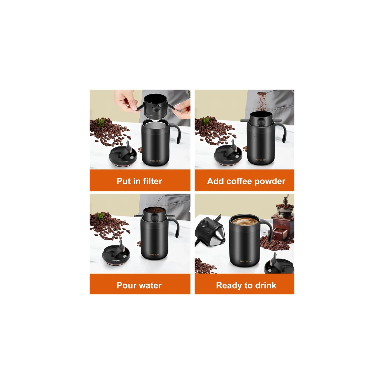 Tasse à café portative d'extérieur infusée à la main, tasse isotherme en acier inoxydable idéale pour la maison, le bureau et les voyages en plein air