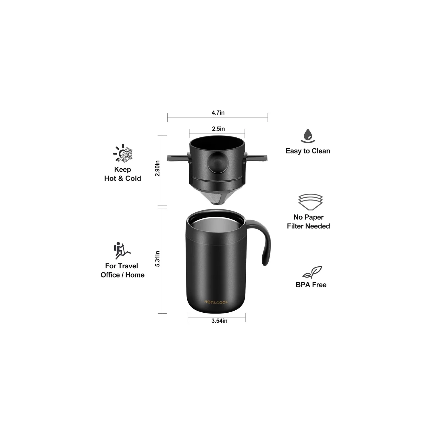 Tasse à café portative d'extérieur infusée à la main, tasse isotherme en acier inoxydable idéale pour la maison, le bureau et les voyages en plein air