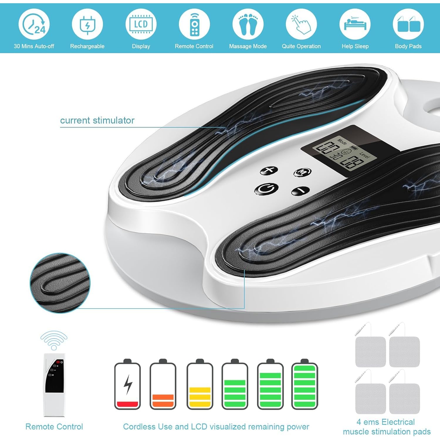 Appareil de massage pour les pieds EMS, stimulateur musculaire avec 4 électrodes pour le soulagement des pieds, douleurs corporelles