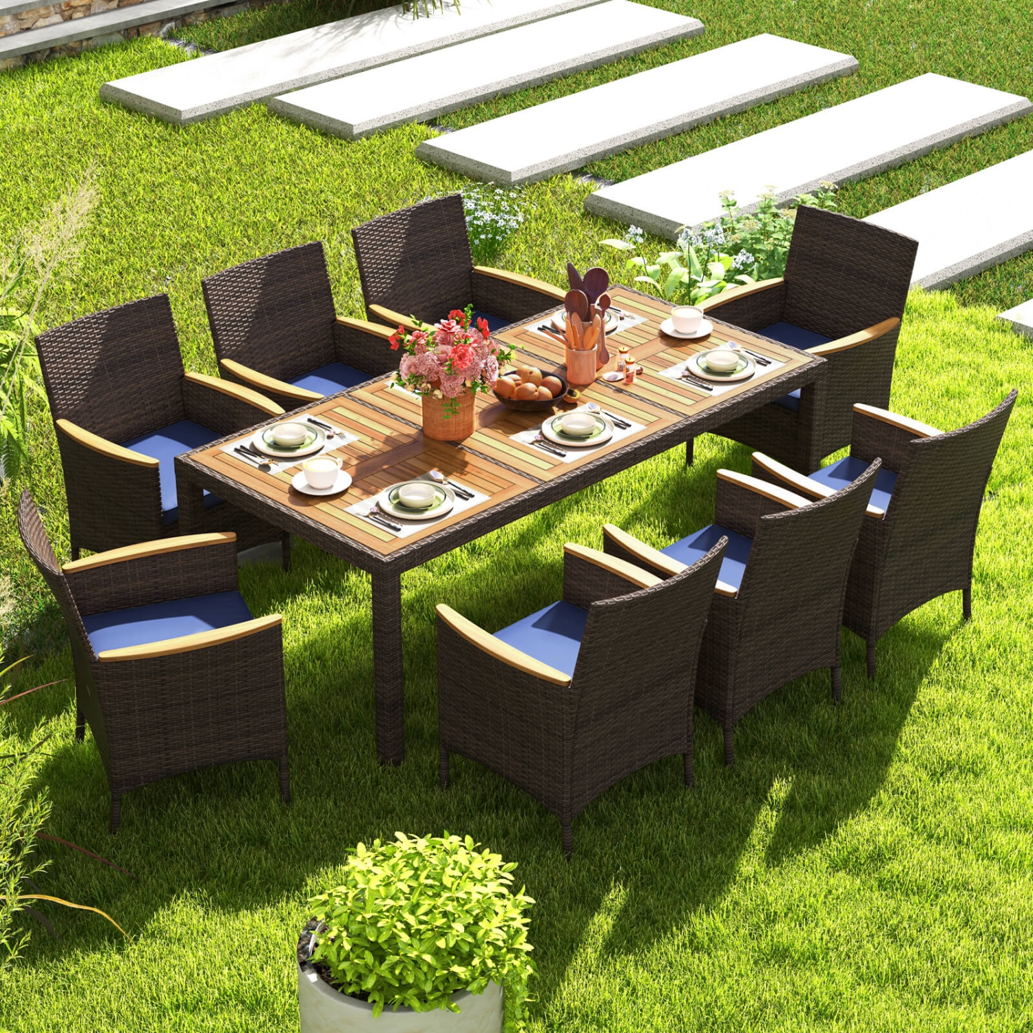 Costway 9PCS Outdoor Dining Set with Acacia Wood Table Top Patio Dining Set for 8 People Navy/Beige