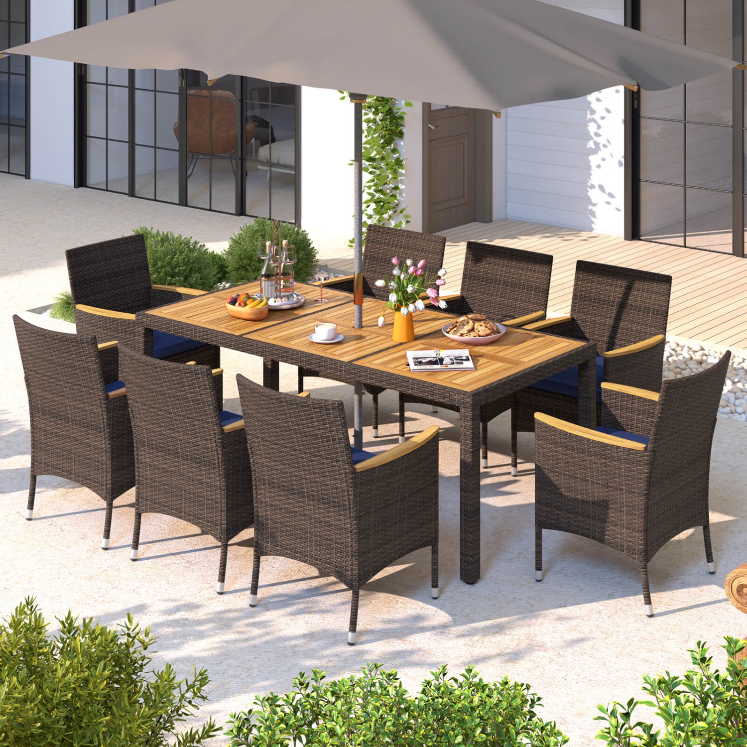 Costway 9PCS Outdoor Dining Set with Acacia Wood Table Top Patio Dining Set for 8 People Navy/Beige