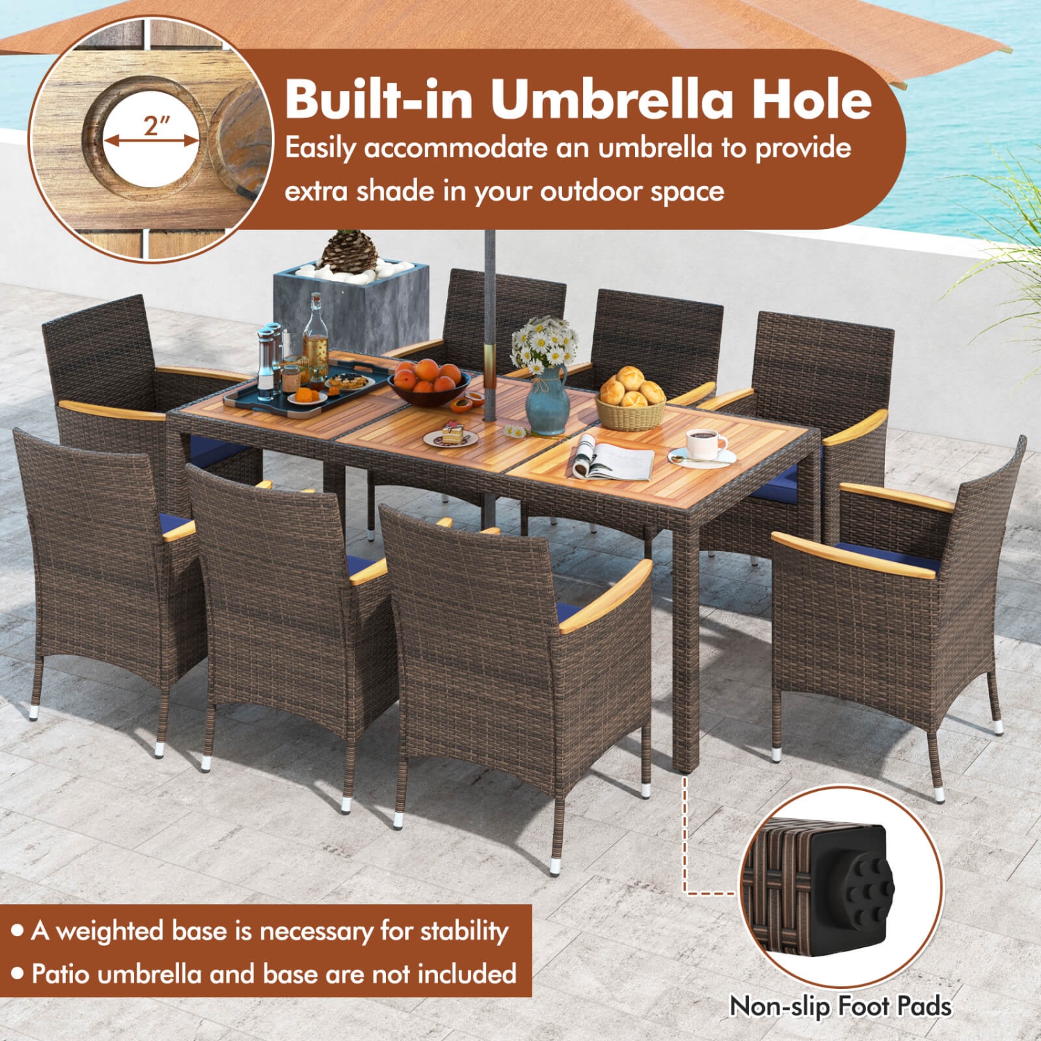 Costway 9PCS Outdoor Dining Set with Acacia Wood Table Top Patio Dining Set for 8 People Navy/Beige