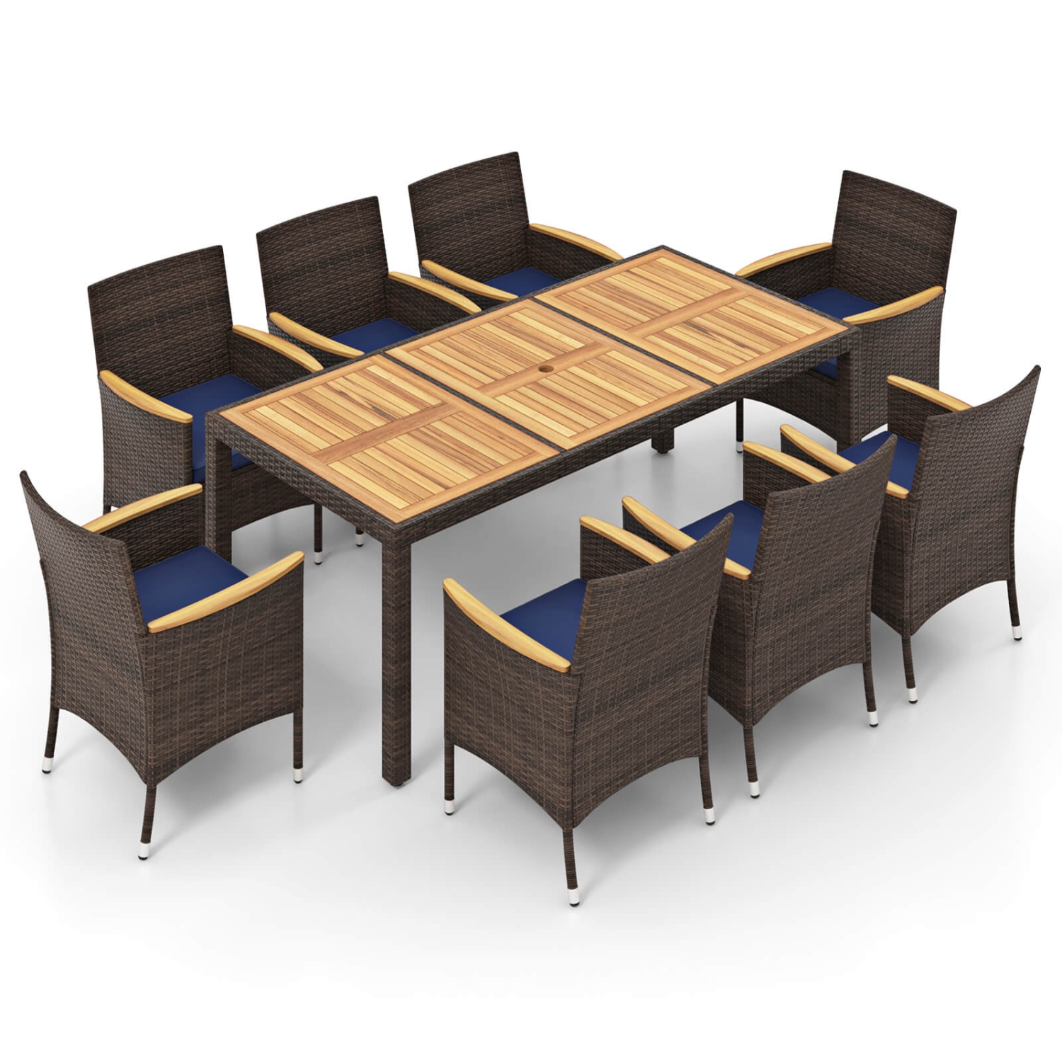 Costway 9PCS Outdoor Dining Set with Acacia Wood Table Top Patio Dining Set for 8 People Navy/Beige