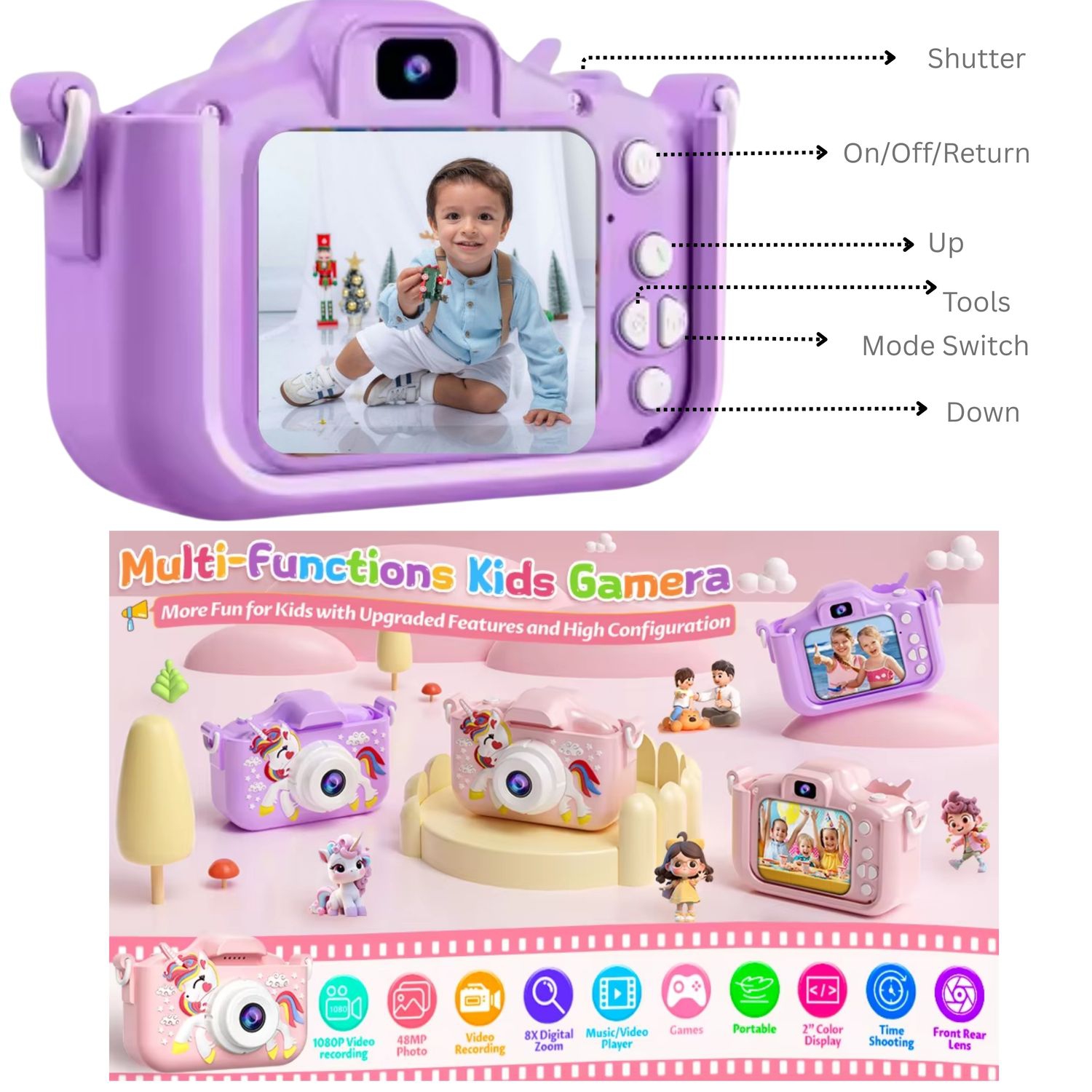 Appareil photo numérique pour enfants de MAKATA 48&nbsp;Mpx avec jeux vidéo HD et musique MP3, caméra jouet amusante pour enfants de moins de 13 ans,