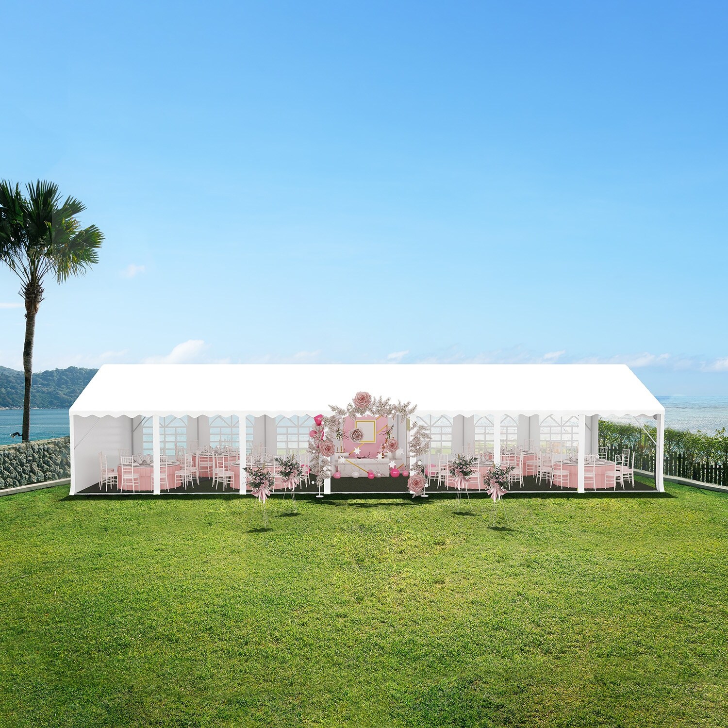 Tente de fête étanche blanche de 20 x 50 pi d'EROMMY – Abri Pavilion robuste avec parois latérales réglables pour les mariages, les événements et