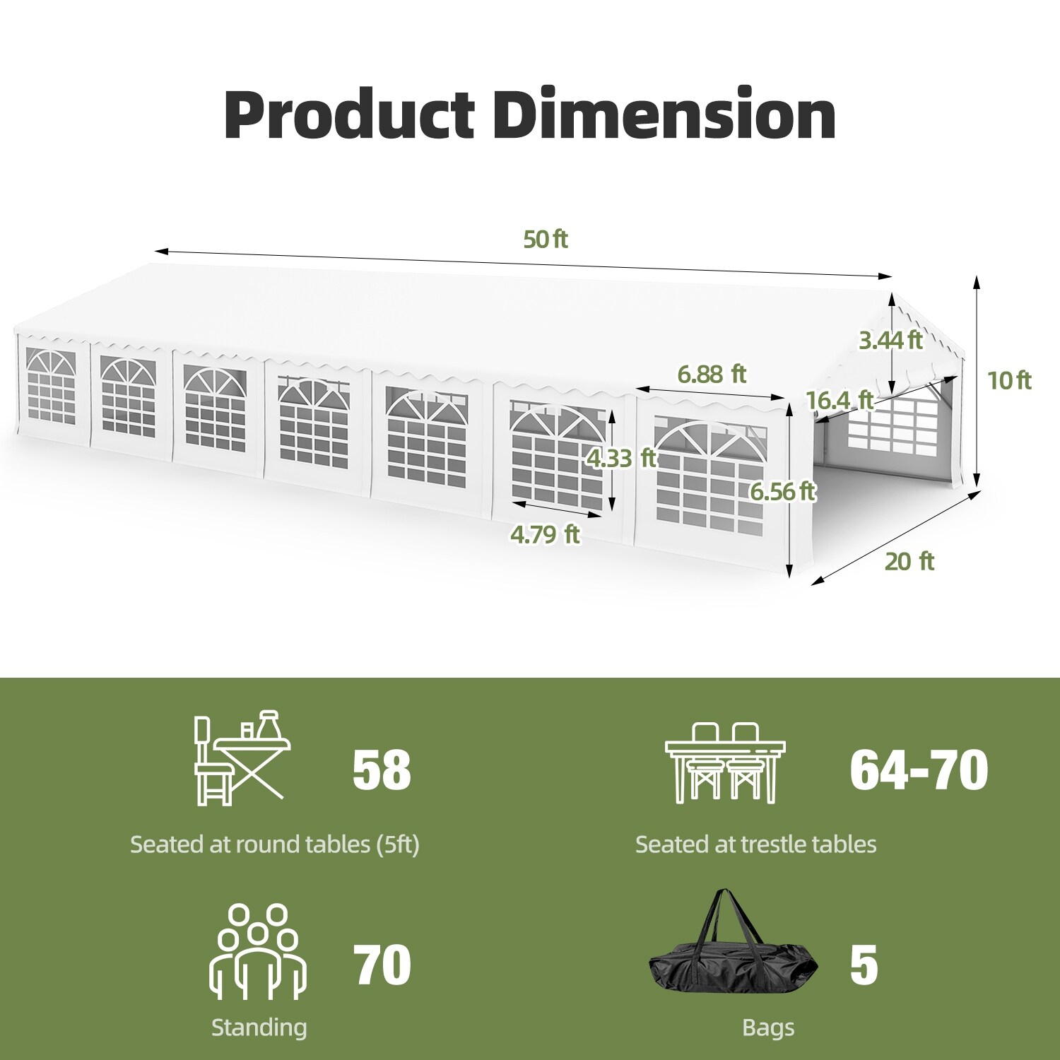 Tente de fête étanche blanche de 20 x 50 pi d'EROMMY – Abri Pavilion robuste avec parois latérales réglables pour les mariages, les événements et