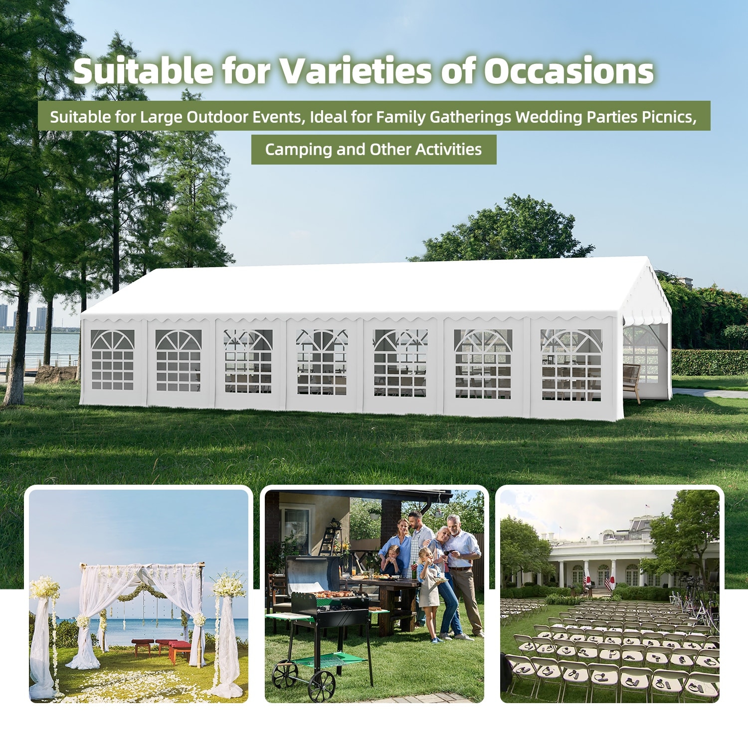 Tente de fête étanche blanche de 20 x 50 pi d'EROMMY – Abri Pavilion robuste avec parois latérales réglables pour les mariages, les événements et