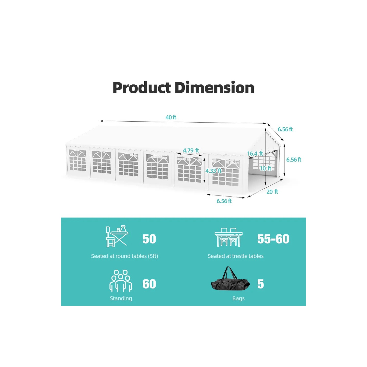 Tente de fête étanche 20 x 40 pi d'EROMMY - Parois latérales ajustables, abri Pavilion robuste pour événements extérieurs, mariages et usage