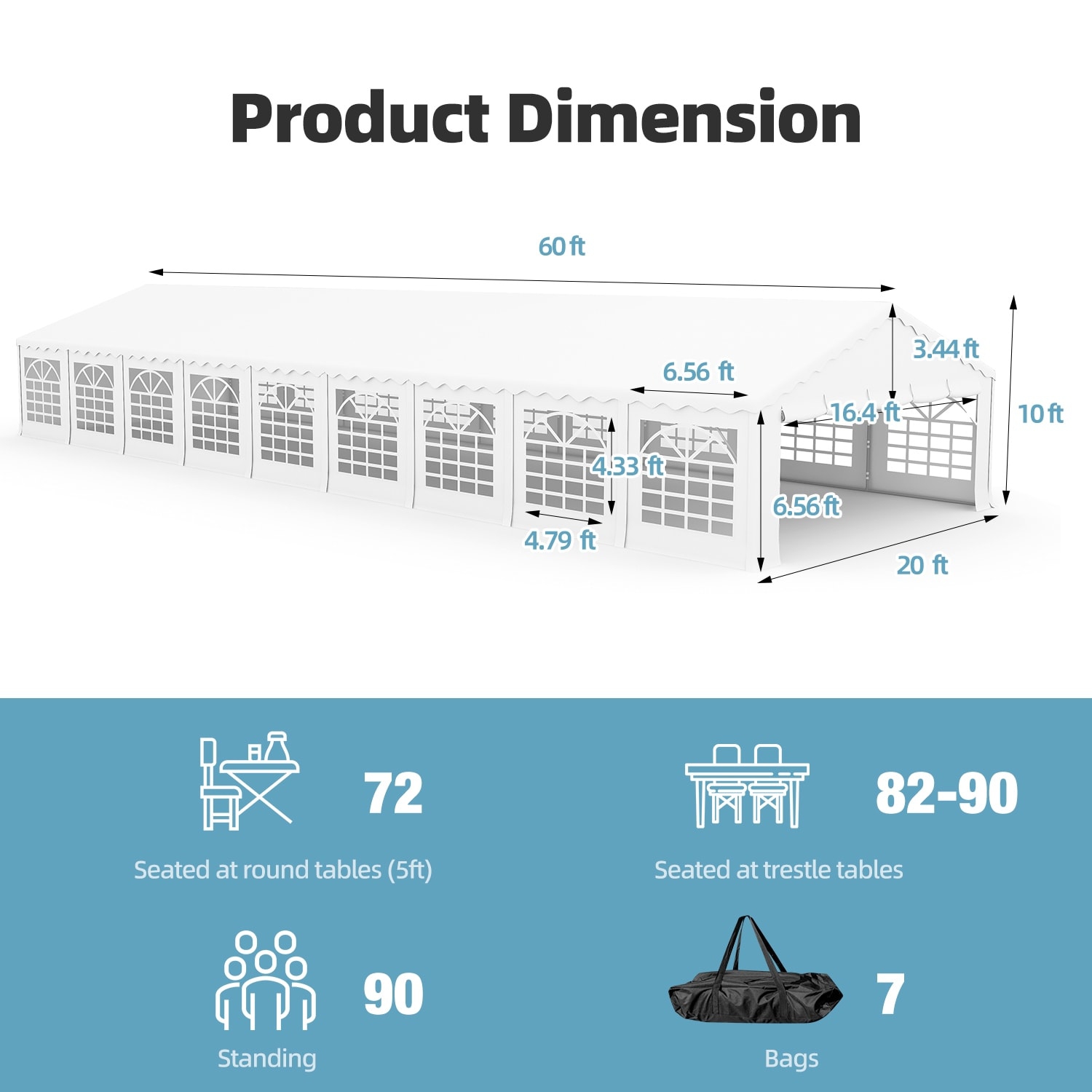 Tente de fête commerciale blanche 20 x 60 pi d'EROMMY – Pavillon robuste étanche avec parois latérales amovibles et configuration rapide pour les