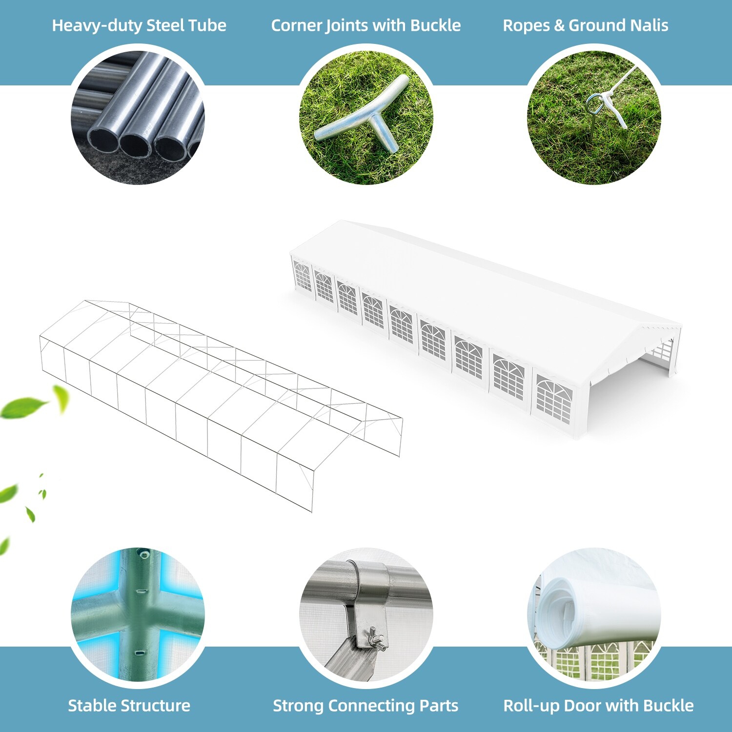 Tente de fête commerciale blanche 20 x 60 pi d'EROMMY – Pavillon robuste étanche avec parois latérales amovibles et configuration rapide pour les