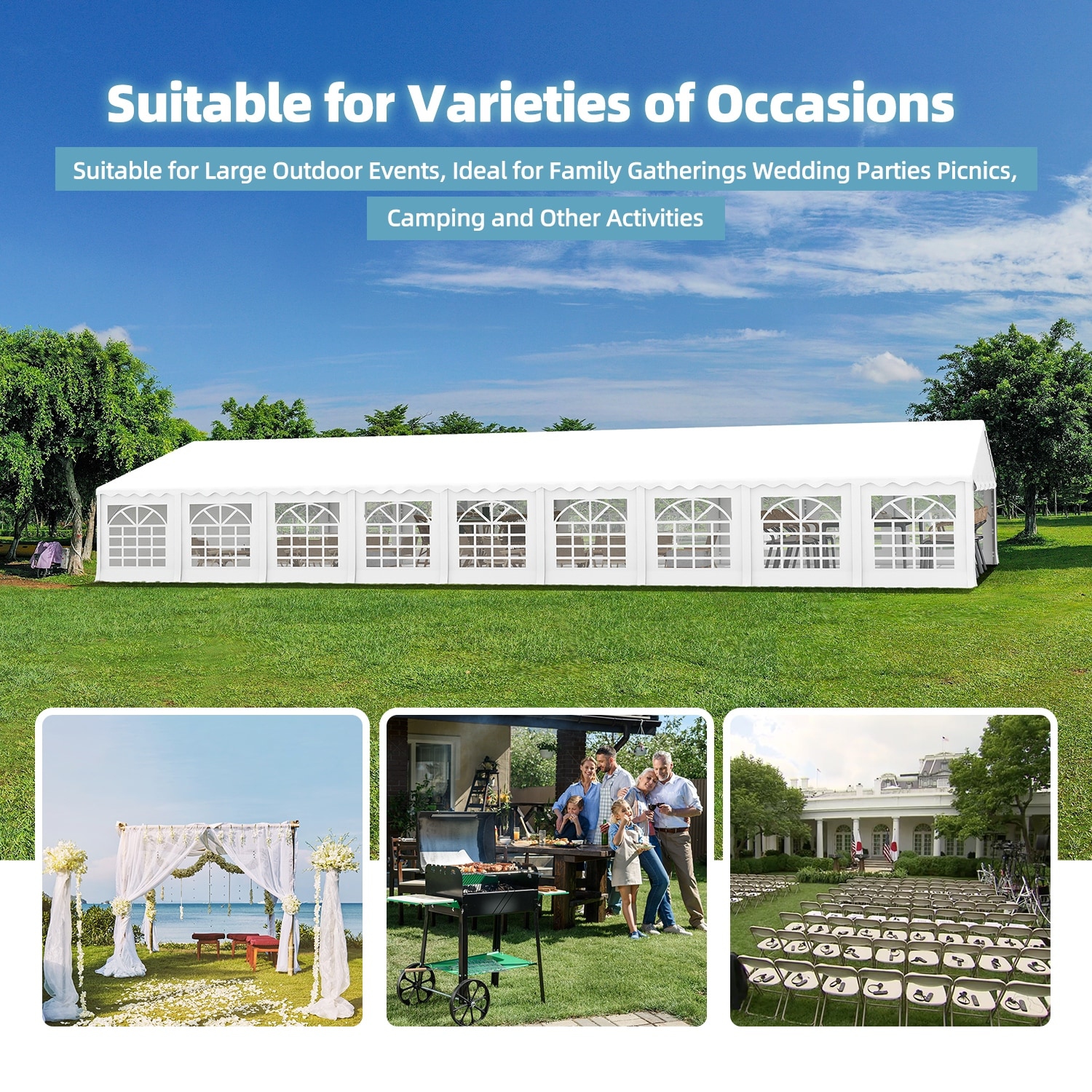 Tente de fête commerciale blanche 20 x 60 pi d'EROMMY – Pavillon robuste étanche avec parois latérales amovibles et configuration rapide pour les