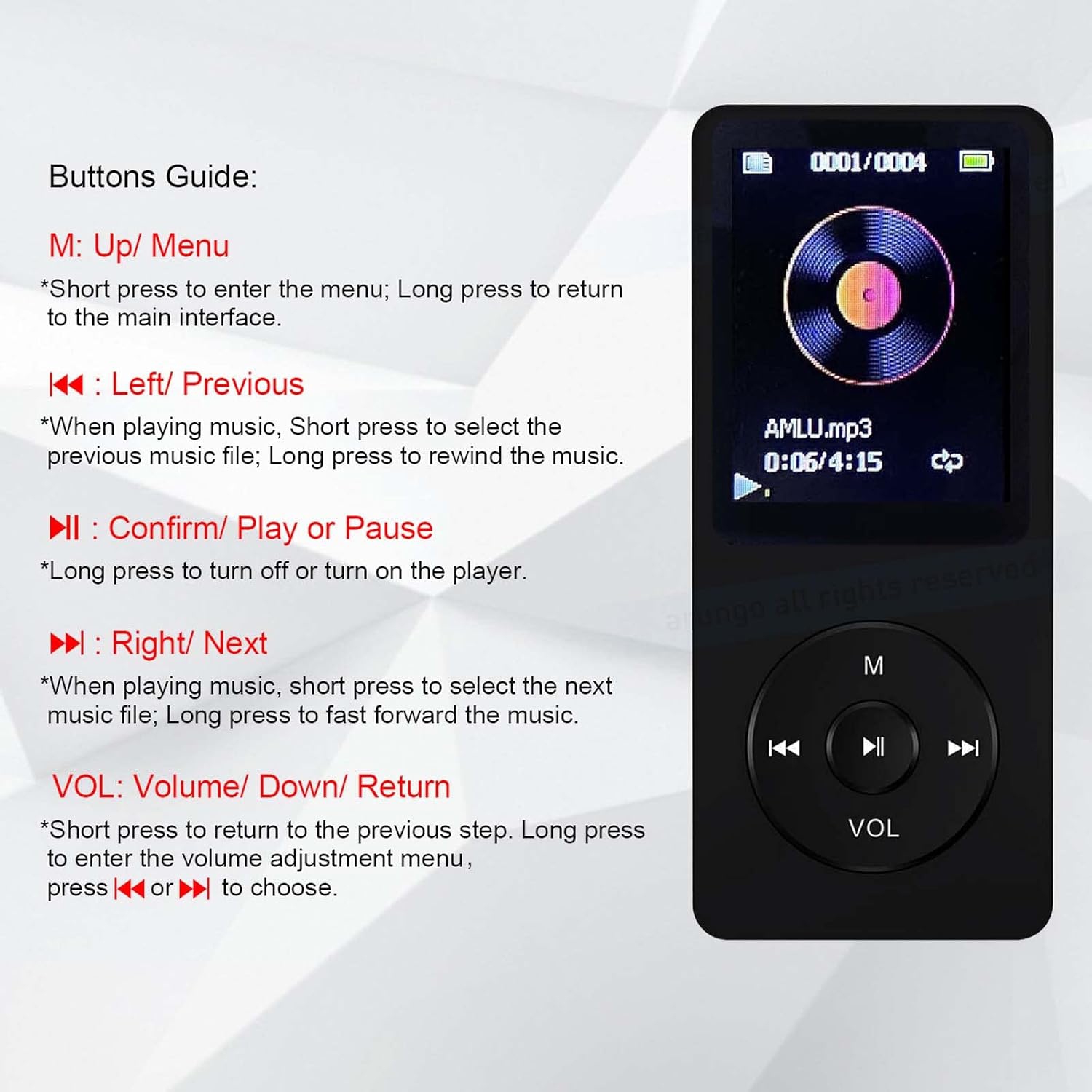 Lecteur MP3 16&nbsp;Go avec haut-parleur écouteurs portable Hi-Fi lecteur de musique e-book écran HD noir haut-parleur hôte Bluetooth + écouteurs