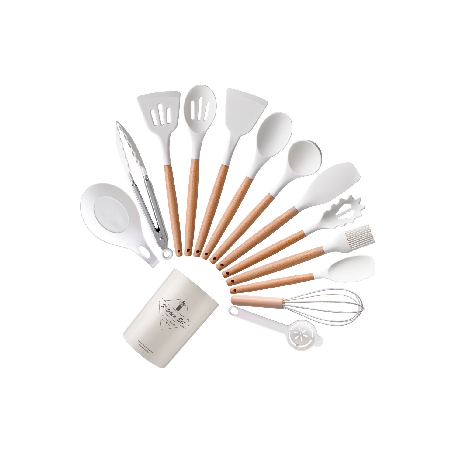 Light version 750g silicone kitchenware set, wooden handle 14-piece kitchen tool set, cooking spatula and spoon set 14-piece set,