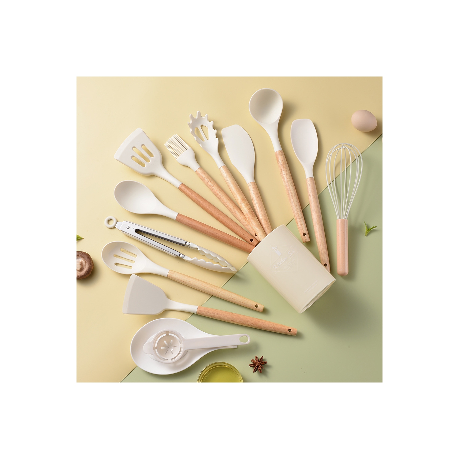 Light version 750g silicone kitchenware set, wooden handle 14-piece kitchen tool set, cooking spatula and spoon set 14-piece set,
