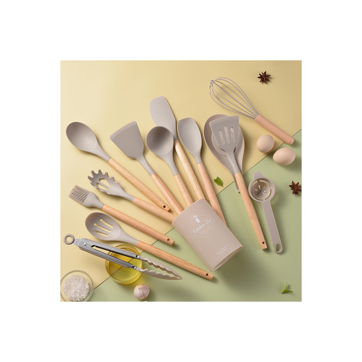 Light version 750g silicone kitchenware set, wooden handle 14-piece kitchen tool set, cooking spatula and spoon set 14-piece set,