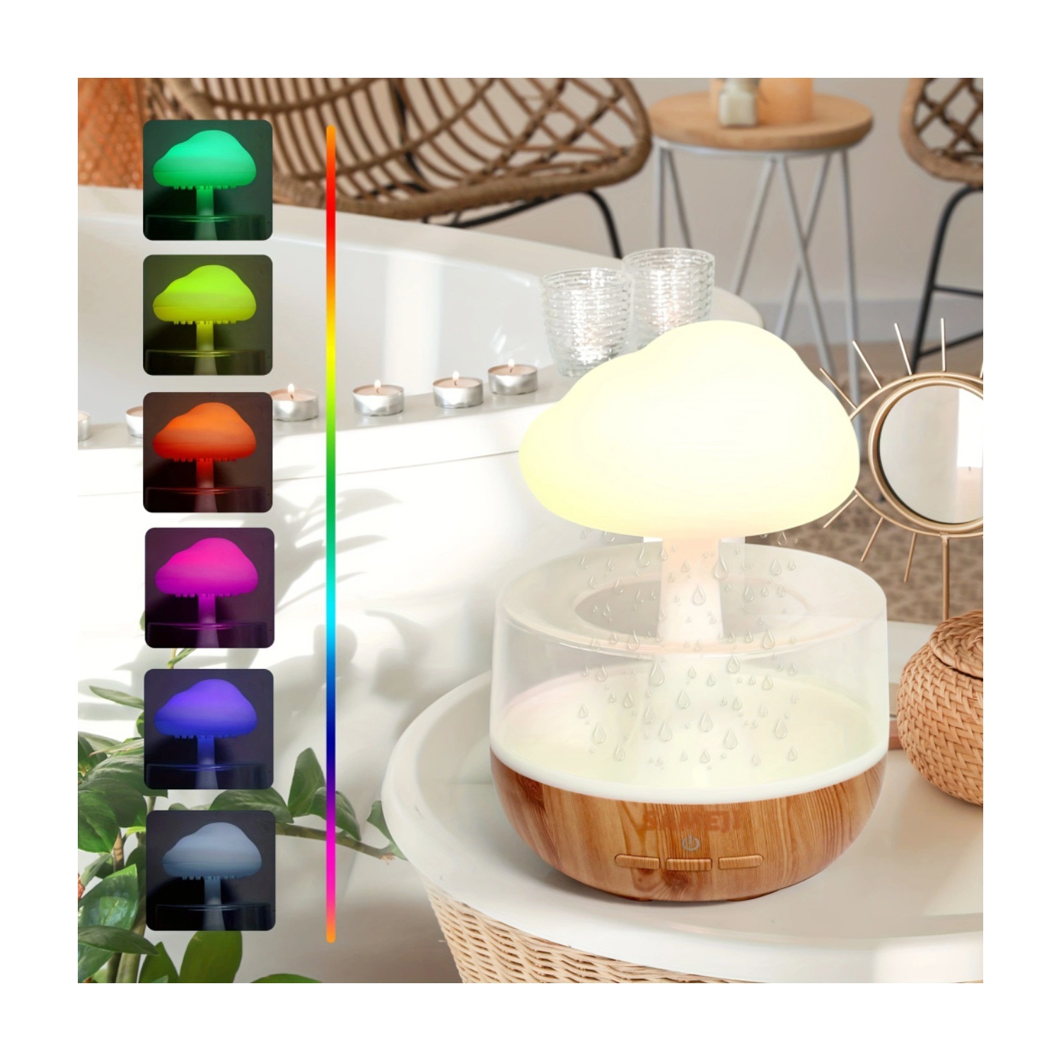 New Mushroom Cloud Rain Humidifier, Home Small Mini Desktop Rain Sound Atmosphere Colorful Gradient Bedroom Night Light, USB Charging, White