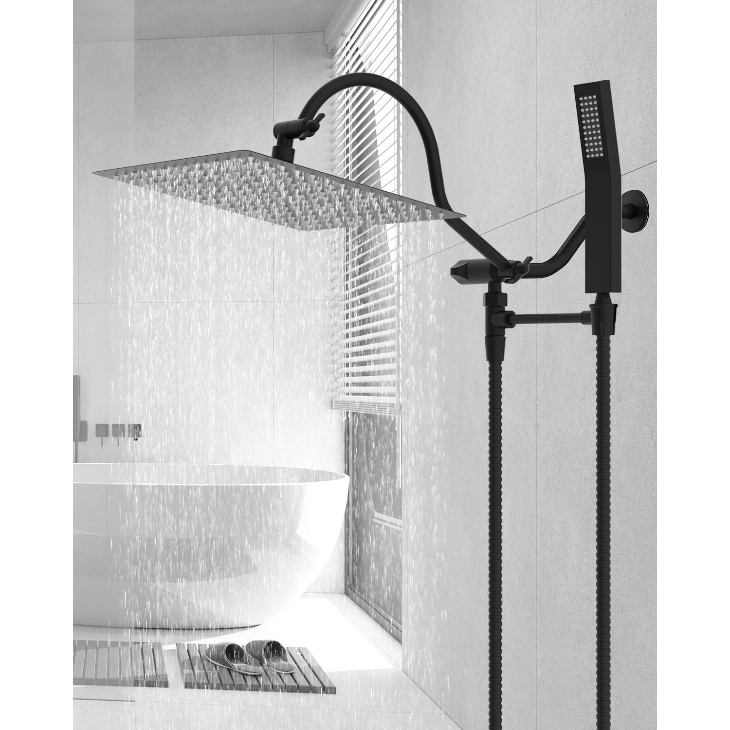 All Metal Shower Head, 12'' High Pressure Rainfall Shower Head, Showerhead Combo/Handheld Shower Wand, 12'' Adjustable Curved Shower Extension Arm,