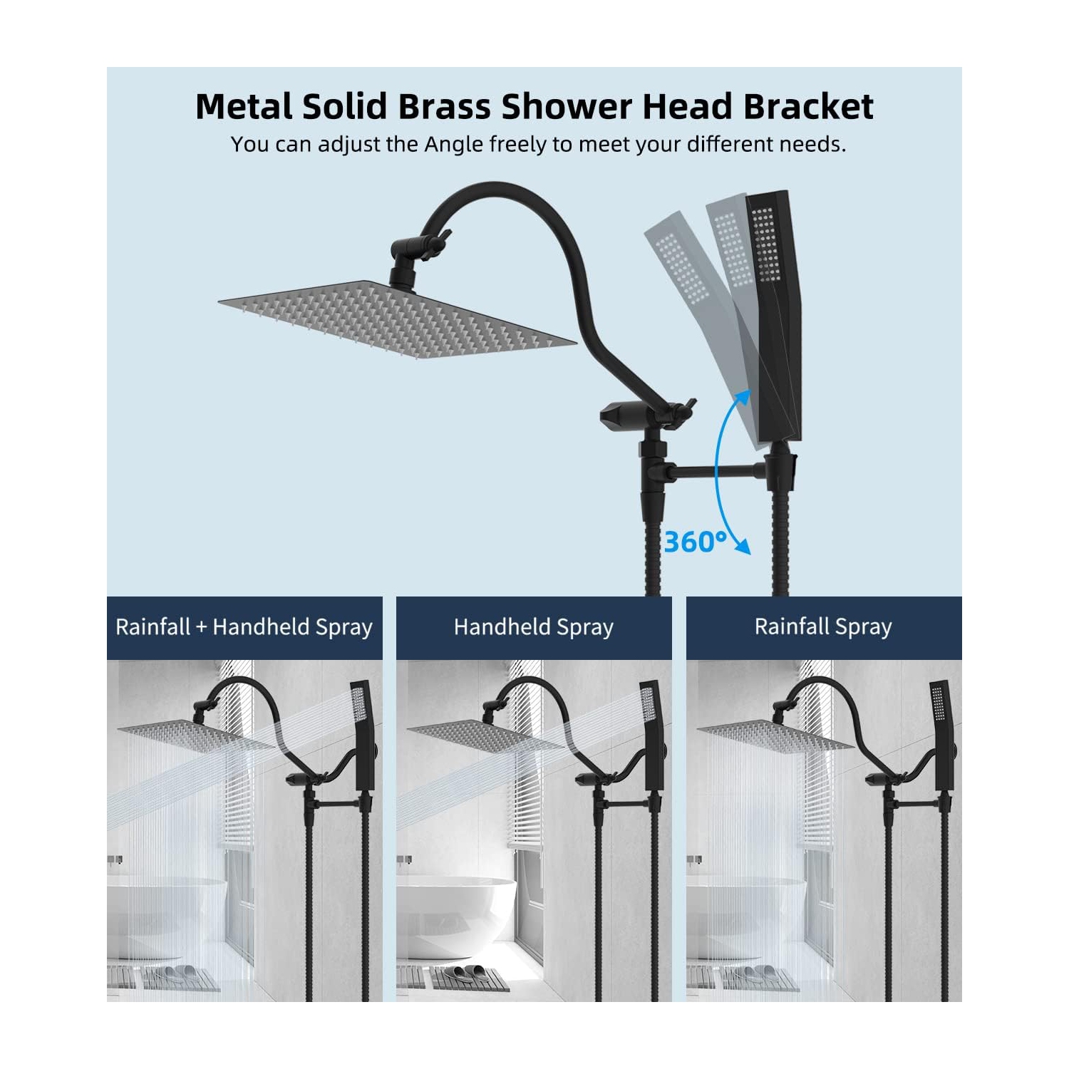 All Metal Shower Head, 12'' High Pressure Rainfall Shower Head, Showerhead Combo/Handheld Shower Wand, 12'' Adjustable Curved Shower Extension Arm,