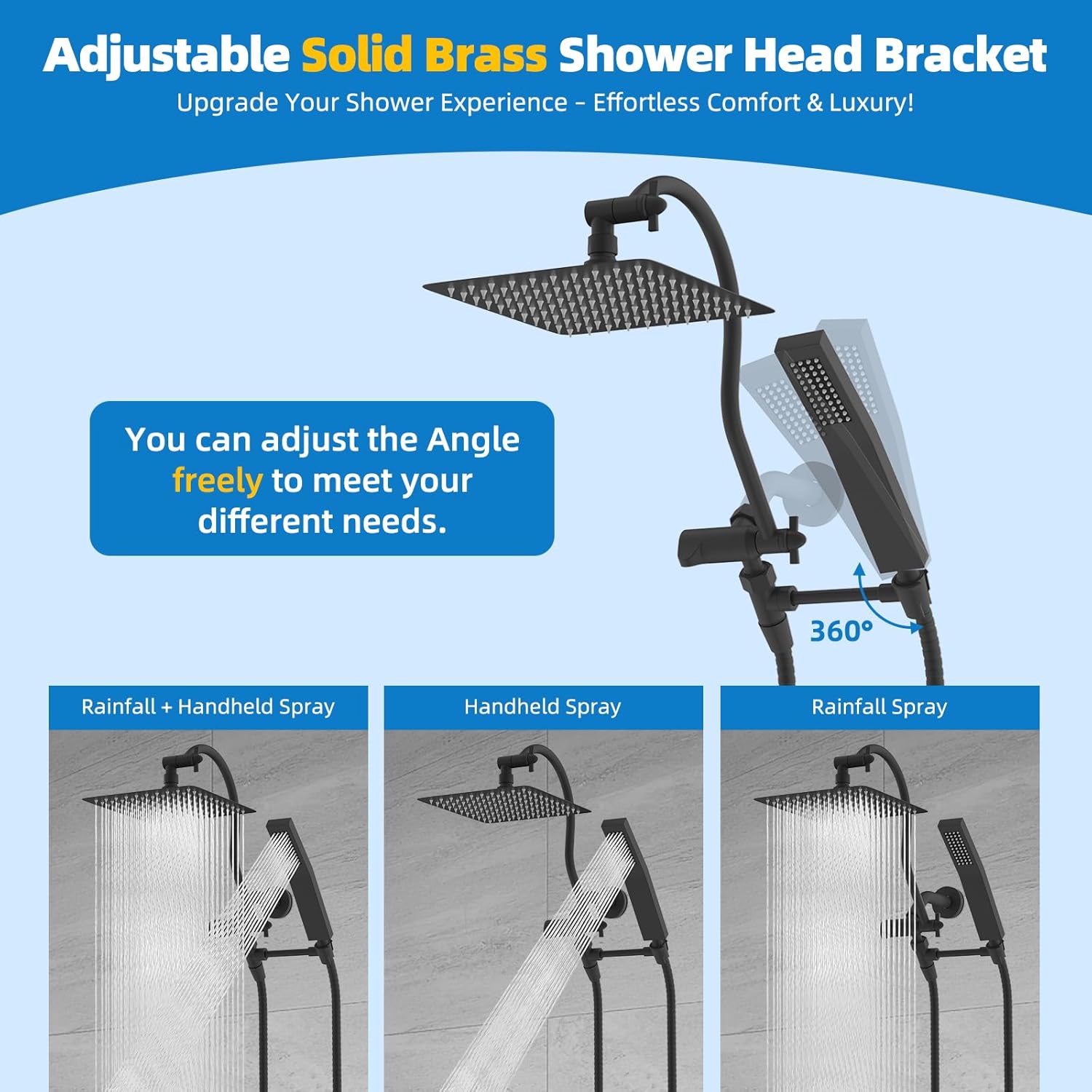 All Metal Shower Head, 10'' High Pressure Rainfall Shower Head, Showerhead Combo/Handheld Shower Wand, 12'' Adjustable Curved Shower Extension Arm,