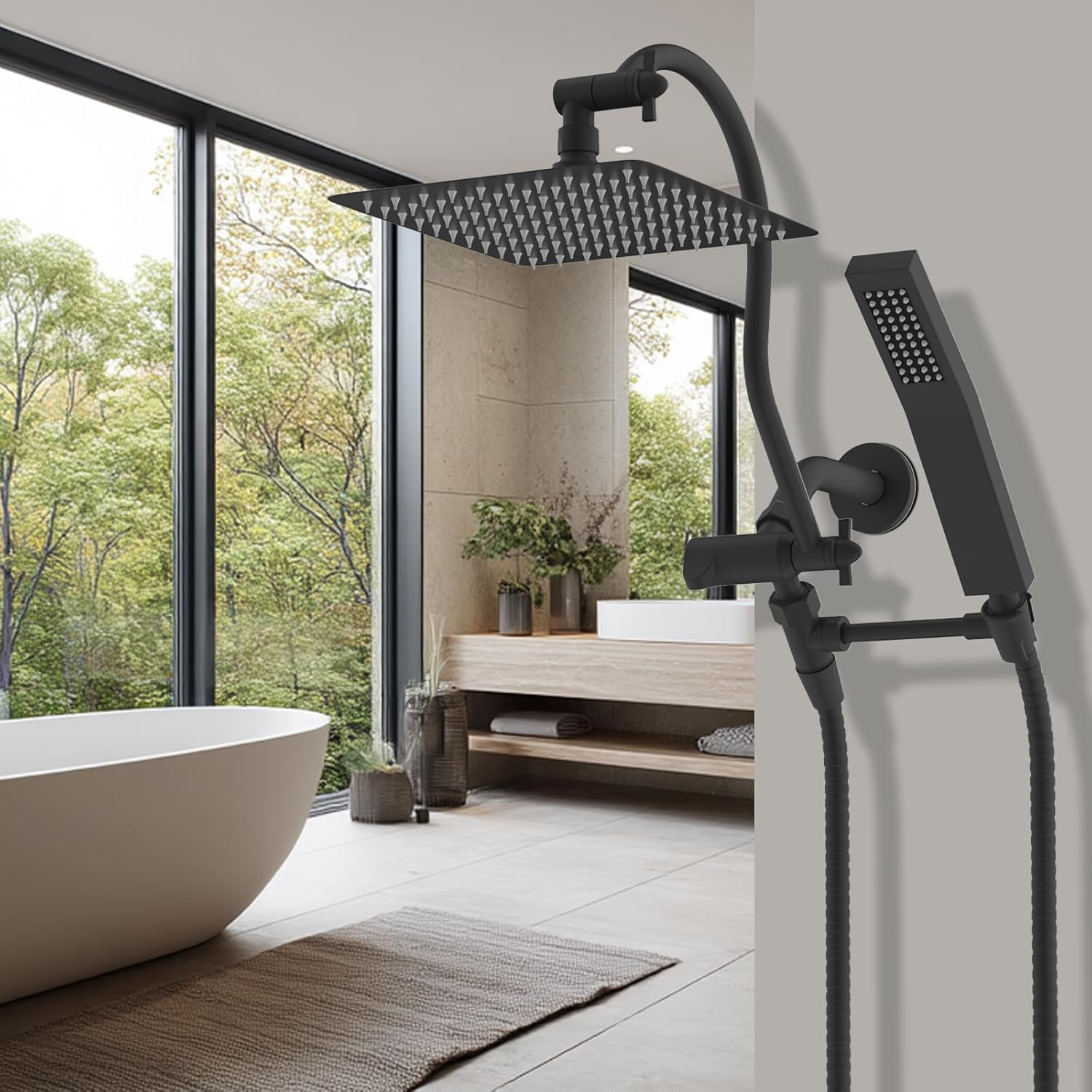 All Metal Shower Head, 10'' High Pressure Rainfall Shower Head, Showerhead Combo/Handheld Shower Wand, 12'' Adjustable Curved Shower Extension Arm,