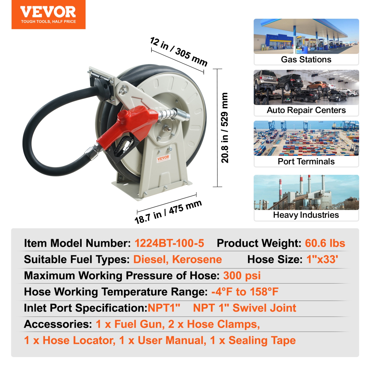 VEVOR 1" x 33' Fuel Hose Reel, Retractable Diesel Hose Reel, Carbon Steel Construction with Automatic Fuel Nozzle, NBR Rubber Hose for Aircraft Ship