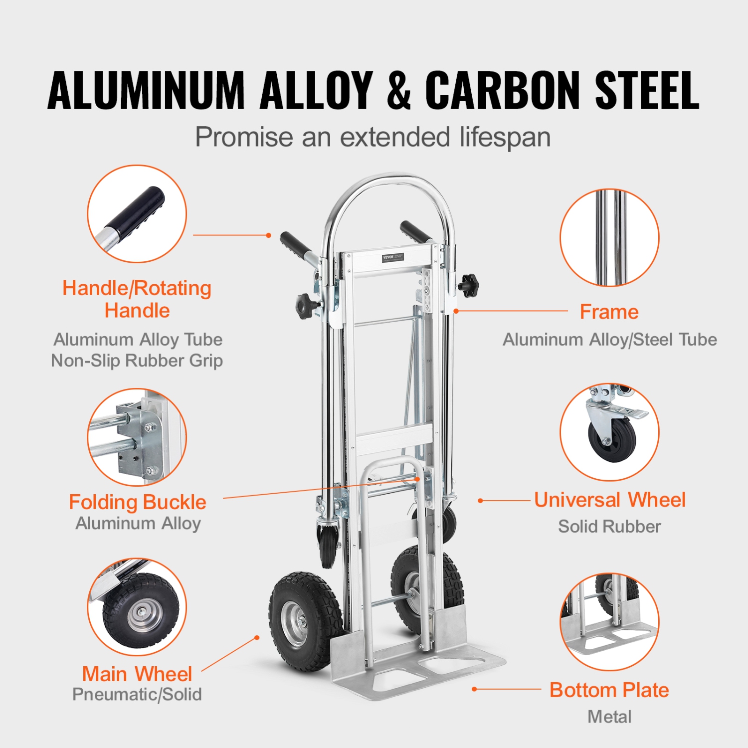 VEVOR 4 in 1 Aluminum Folding Hand Truck, 1000 lbs Capacity, Heavy Duty Industrial cart, Dolly Cart with Rubber Wheels for Transport and Moving in