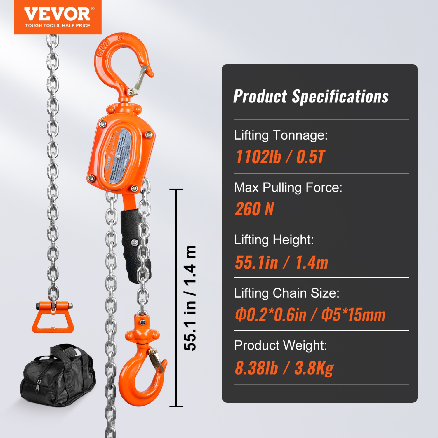 VEVOR G80 Manual Lever Chain Hoist, 1/2 Ton 1100 lbs Capacity 5 FT Come Along, Galvanized Carbon Steel with Weston Double-Pawl Brake, 360° Rotation