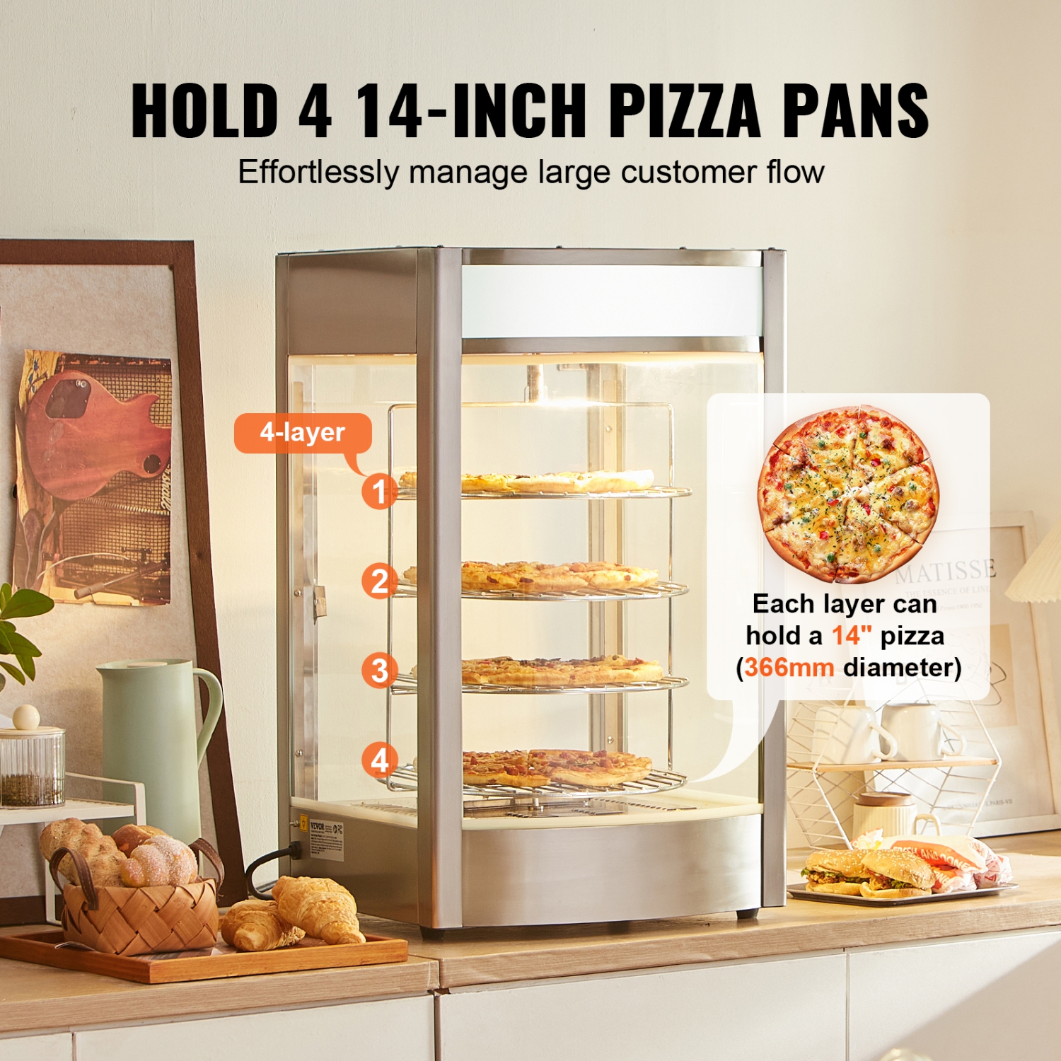 VEVOR 14" Pizza Commercial Food Warmer Display,4-Tier Pizza Warmer with Rotary Steam Heating,86℉~185℉ Temp Control and Display, 25W Oven Light + Top