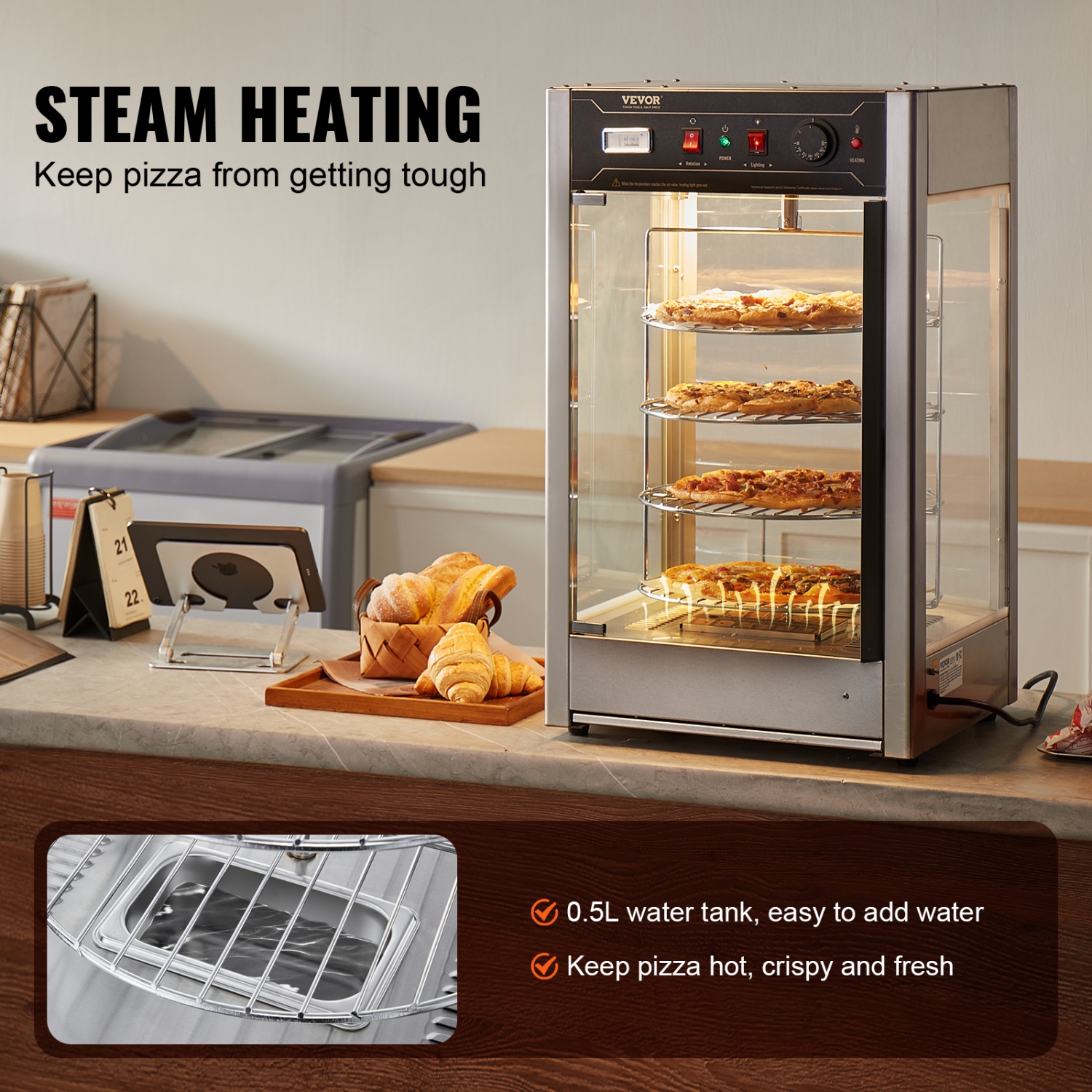 VEVOR 14" Pizza Commercial Food Warmer Display,4-Tier Pizza Warmer with Rotary Steam Heating,86℉~185℉ Temp Control and Display, 25W Oven Light + Top