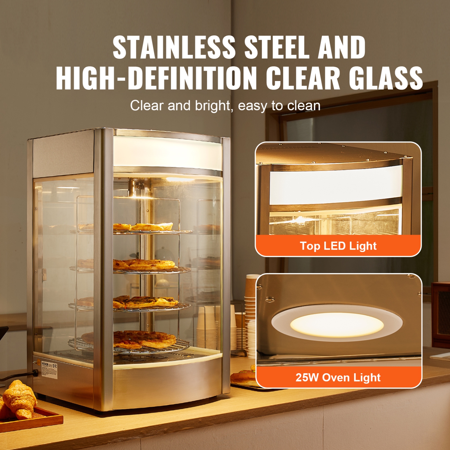VEVOR 14" Pizza Commercial Food Warmer Display,4-Tier Pizza Warmer with Rotary Steam Heating,86℉~185℉ Temp Control and Display, 25W Oven Light + Top