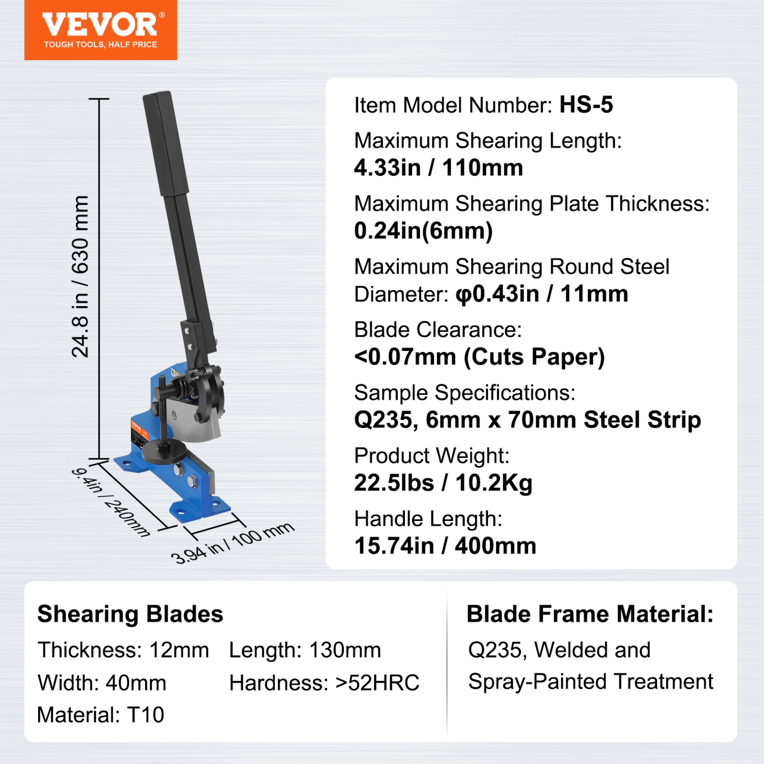 VEVOR 5" Manual Hand Plate Shear for Metal Sheet Processing,HS-5 Benchtop Cutter with Q235 Material,for Crafts Thick Steel Crafting,Roll Press