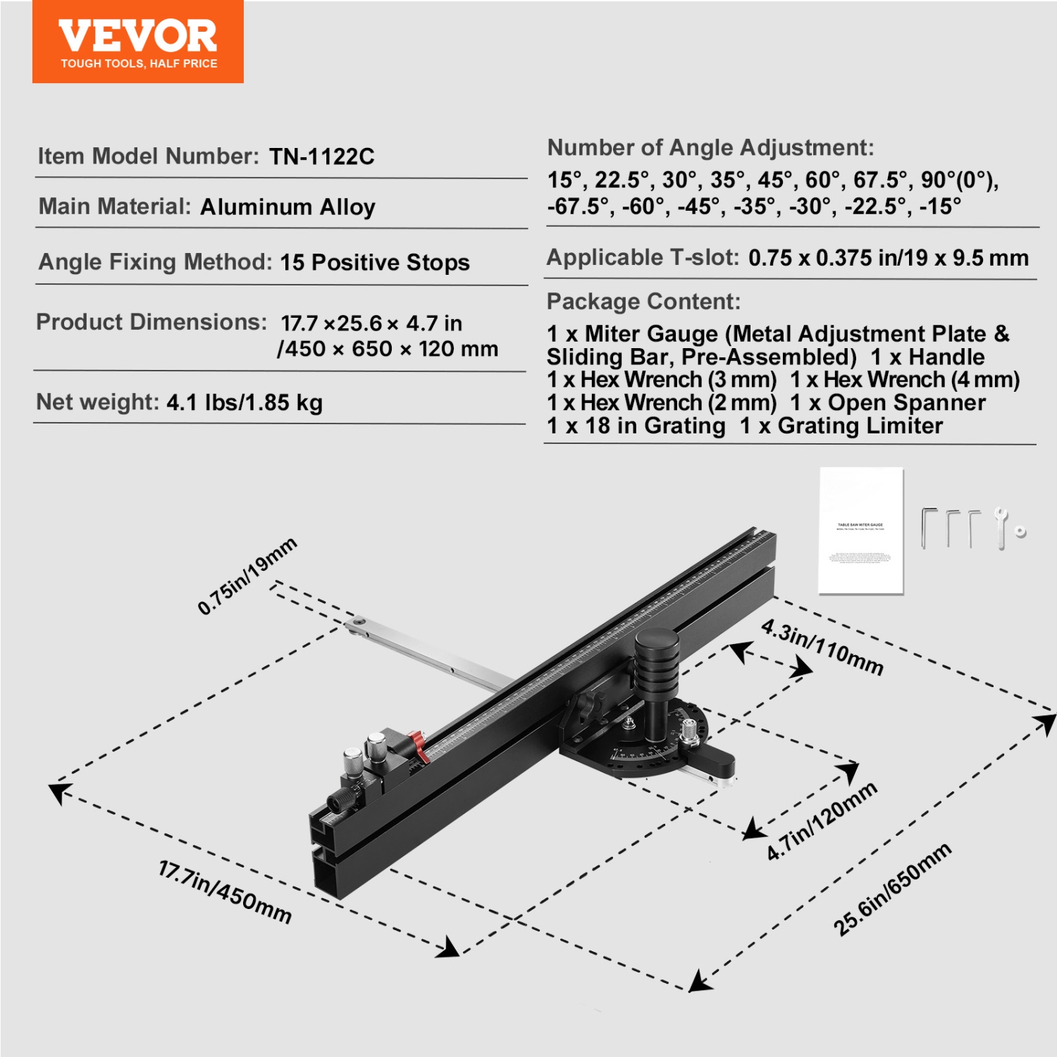 VEVOR 3/4'' x 3/8''Precision Miter Gauge, Standard Slot , Aluminum Alloy Table Saw Miter Gauge with 24 in Grating 15 Angle Stops Spring Loaded