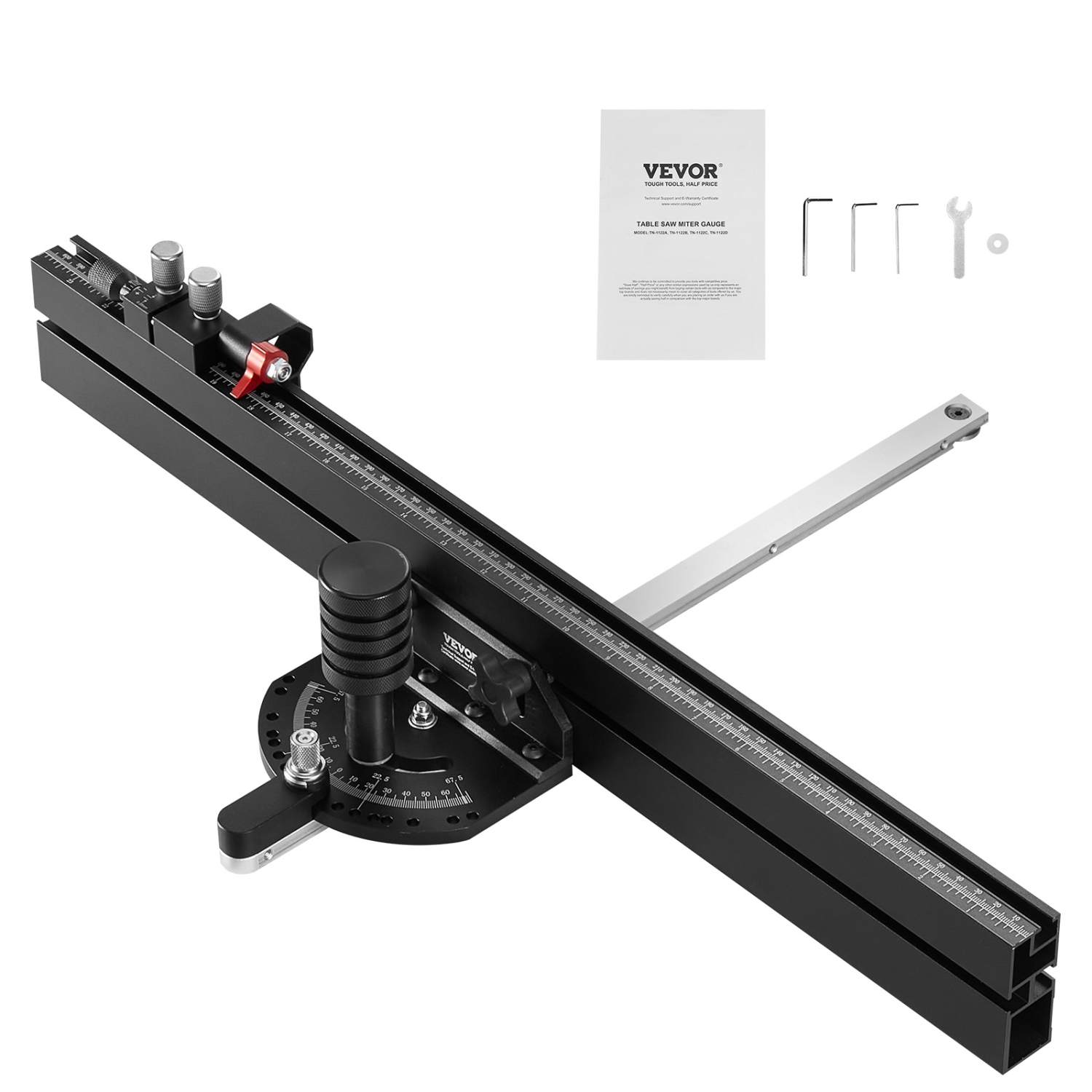 VEVOR 3/4'' x 3/8''Precision Miter Gauge, Standard Slot , Aluminum Alloy Table Saw Miter Gauge with 24 in Grating 15 Angle Stops Spring Loaded