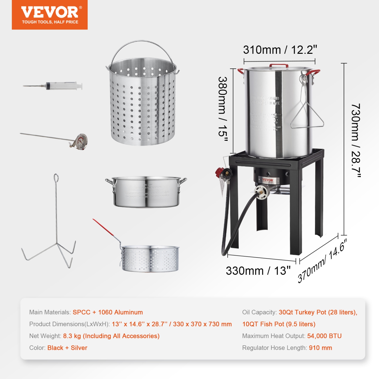 VEVOR 30-qt Turkey Deep Fryer, Turkey & 10-qt Fish Steamer Cooker Set, Outdoor Aluminum Seafood Frying Pot, 54,000 BTU Burner Propane Gas Boiler,