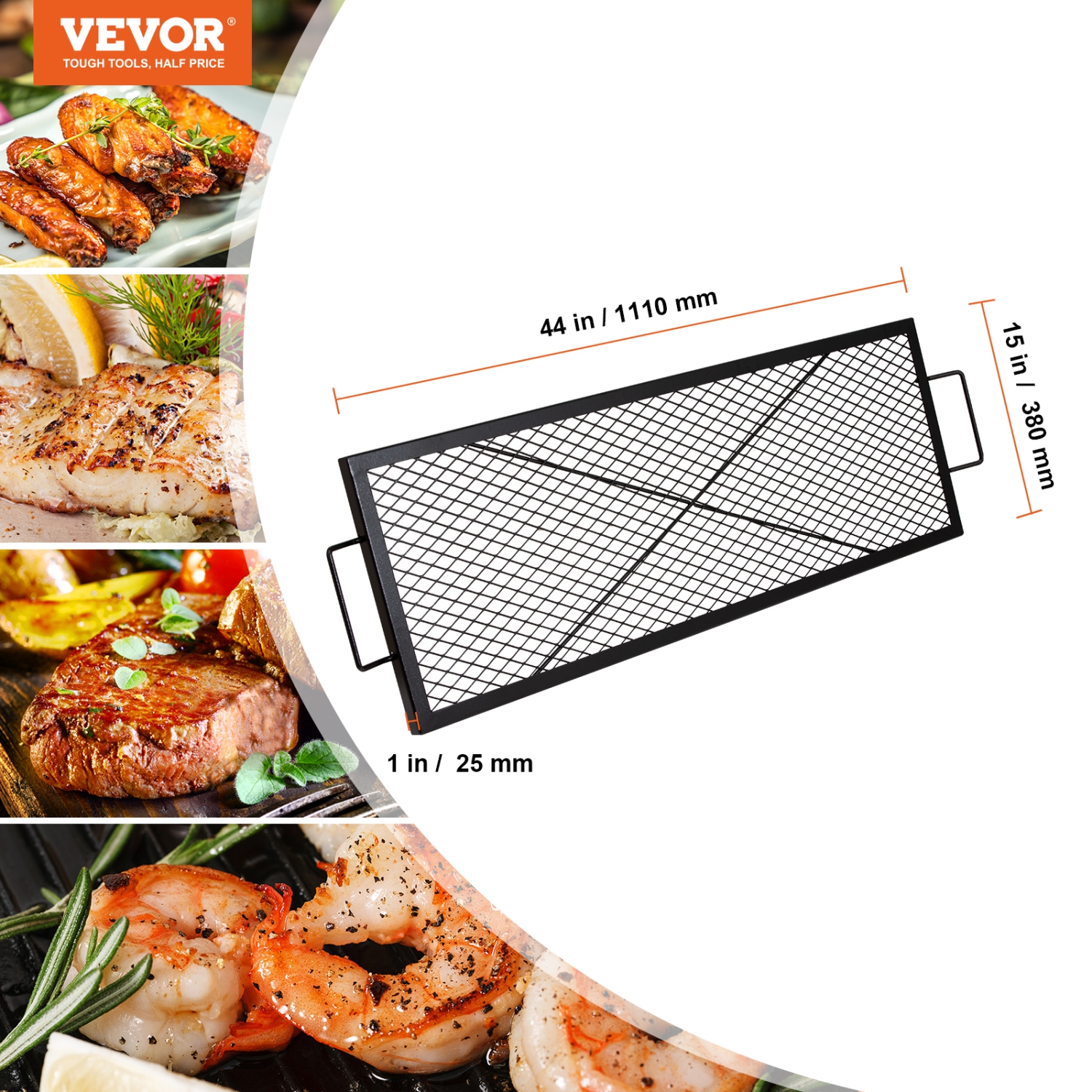 VEVOR 44 Inch X-Marks Fire Pit Grill Grate, Rectangle Cooking Grate, Heavy Duty Steel Campfire BBQ Grill Grid with Handle & Support X Wire, Portable