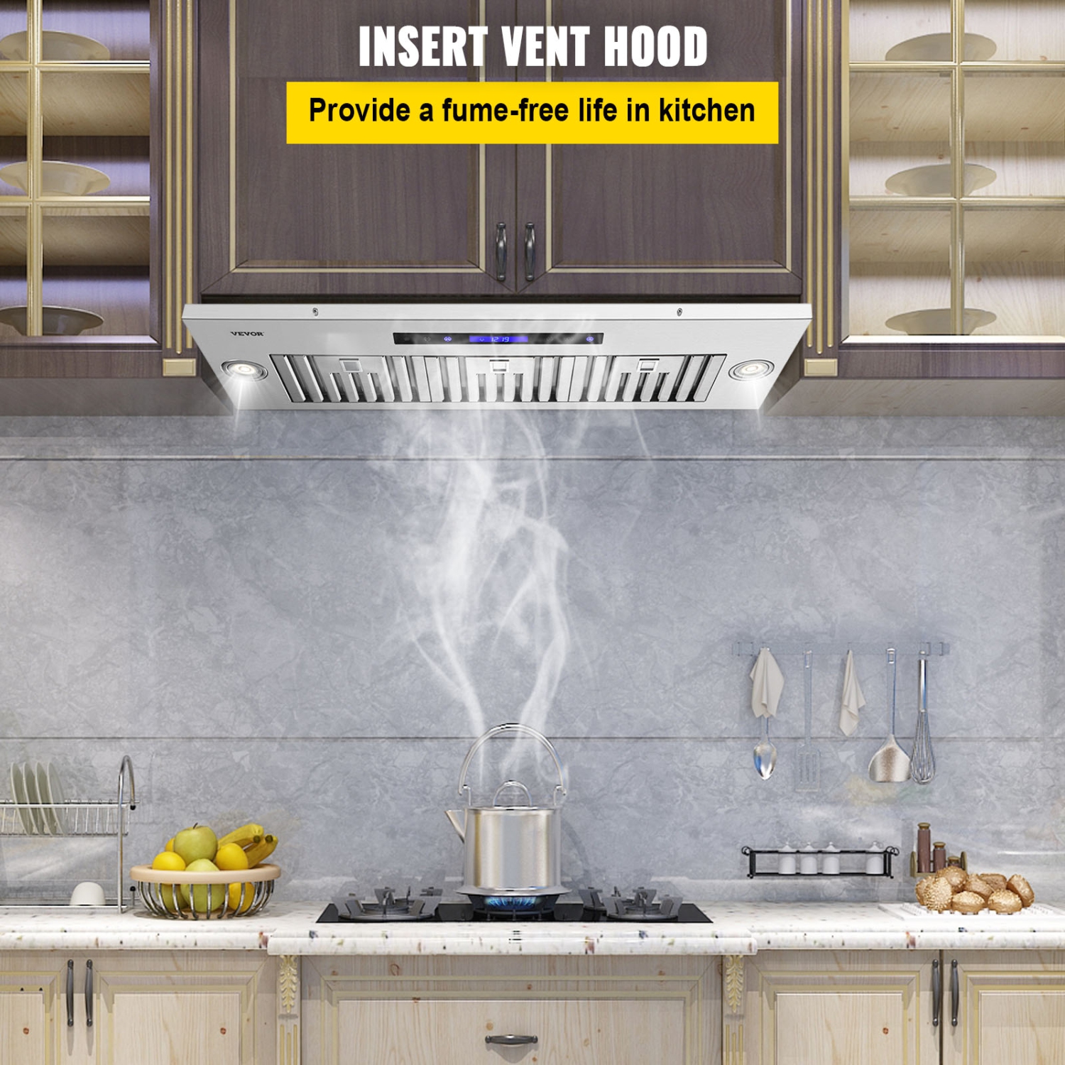 VEVOR 900CFM Insert Range Hood, 4-Speed, 36 Inch Stainless Steel Built-in Kitchen Vent with Touch & Remote Control LED Lights Baffle Filters,