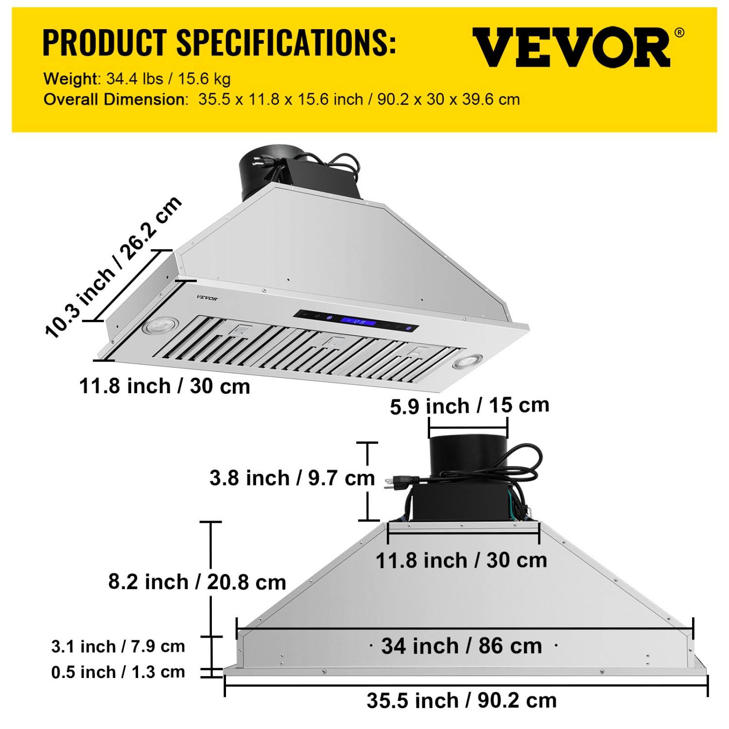 VEVOR 900CFM Insert Range Hood, 4-Speed, 36 Inch Stainless Steel Built-in Kitchen Vent with Touch & Remote Control LED Lights Baffle Filters,