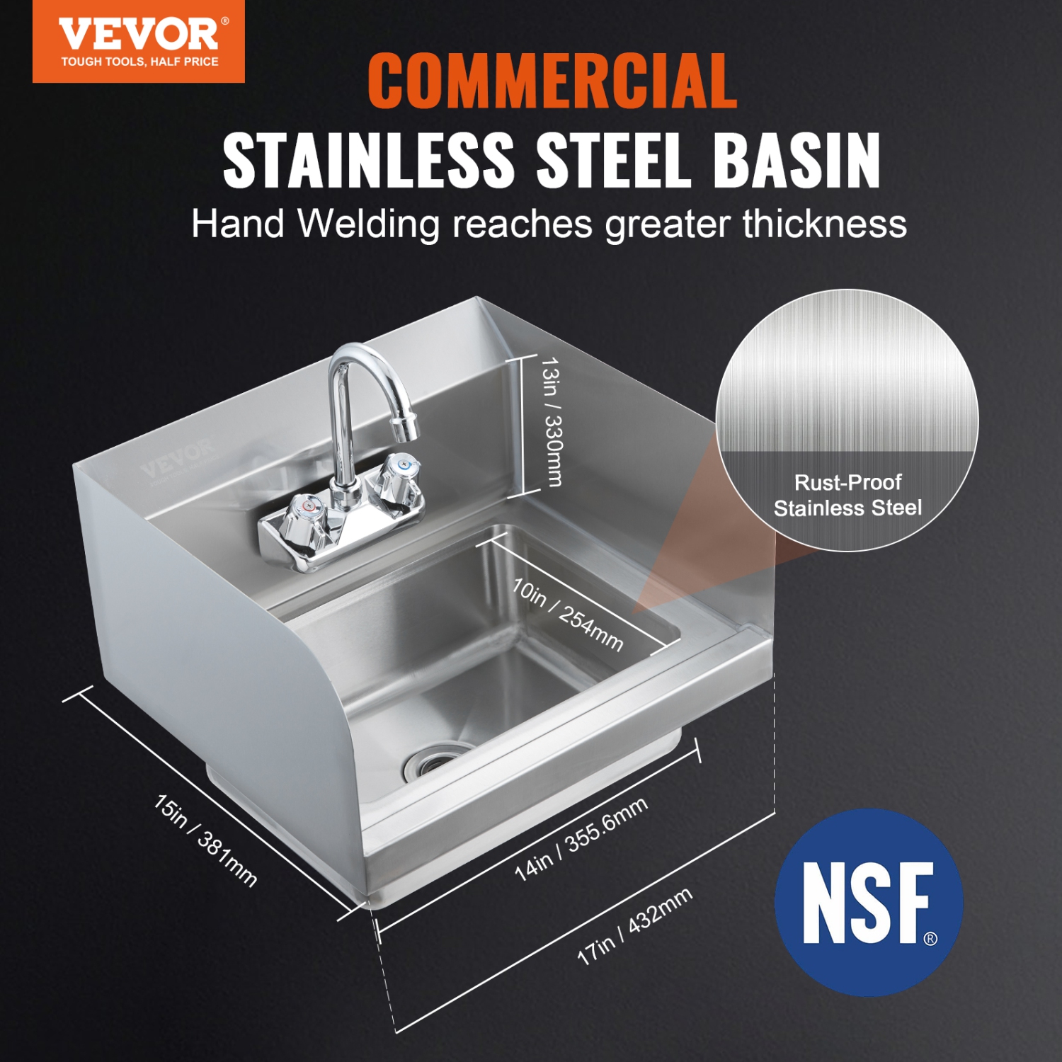 VEVOR 17x12.8 inch Commercial Hand Sink with Faucet and Side Splash, NSF Stainless Steel Sink for Washing, Small Hand Washing Sink, Wall Mount Hand