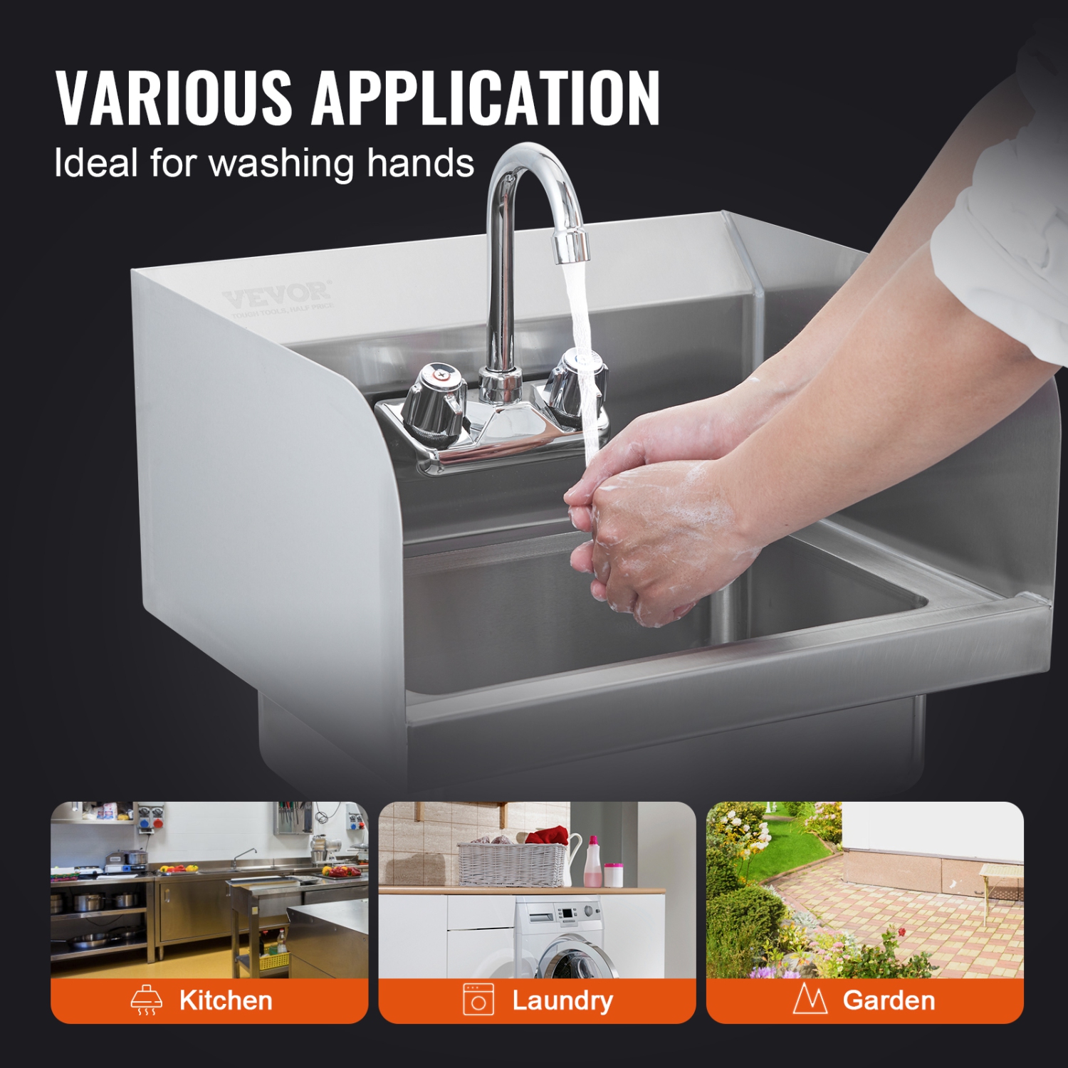 VEVOR 17x12.8 inch Commercial Hand Sink with Faucet and Side Splash, NSF Stainless Steel Sink for Washing, Small Hand Washing Sink, Wall Mount Hand