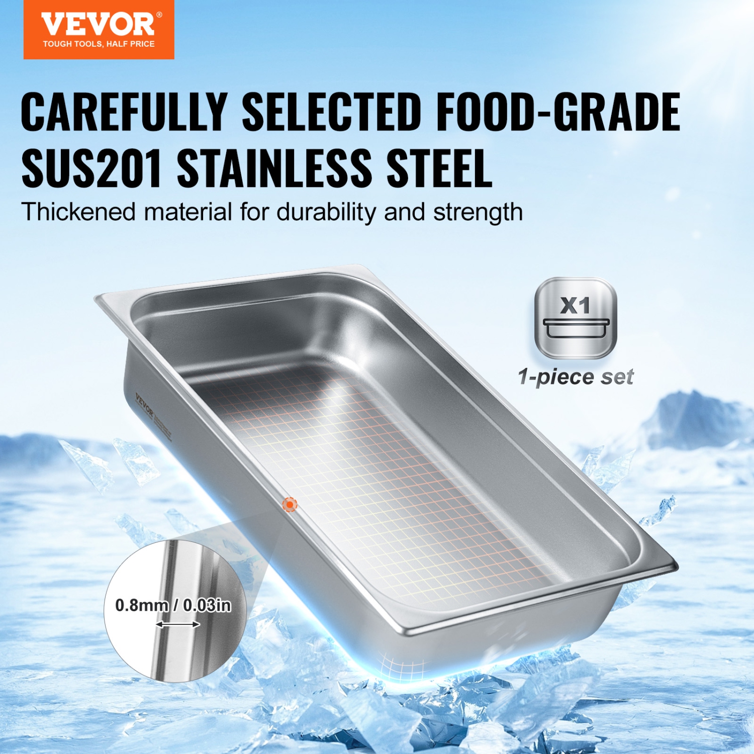 VEVOR 4-Inch Hotel Pan, Full Size Anti-Jam Steam Pan, 0.8mm Thick Stainless Steel Restaurant Steam Table Pan, Deep Commercial Table Pan, Catering