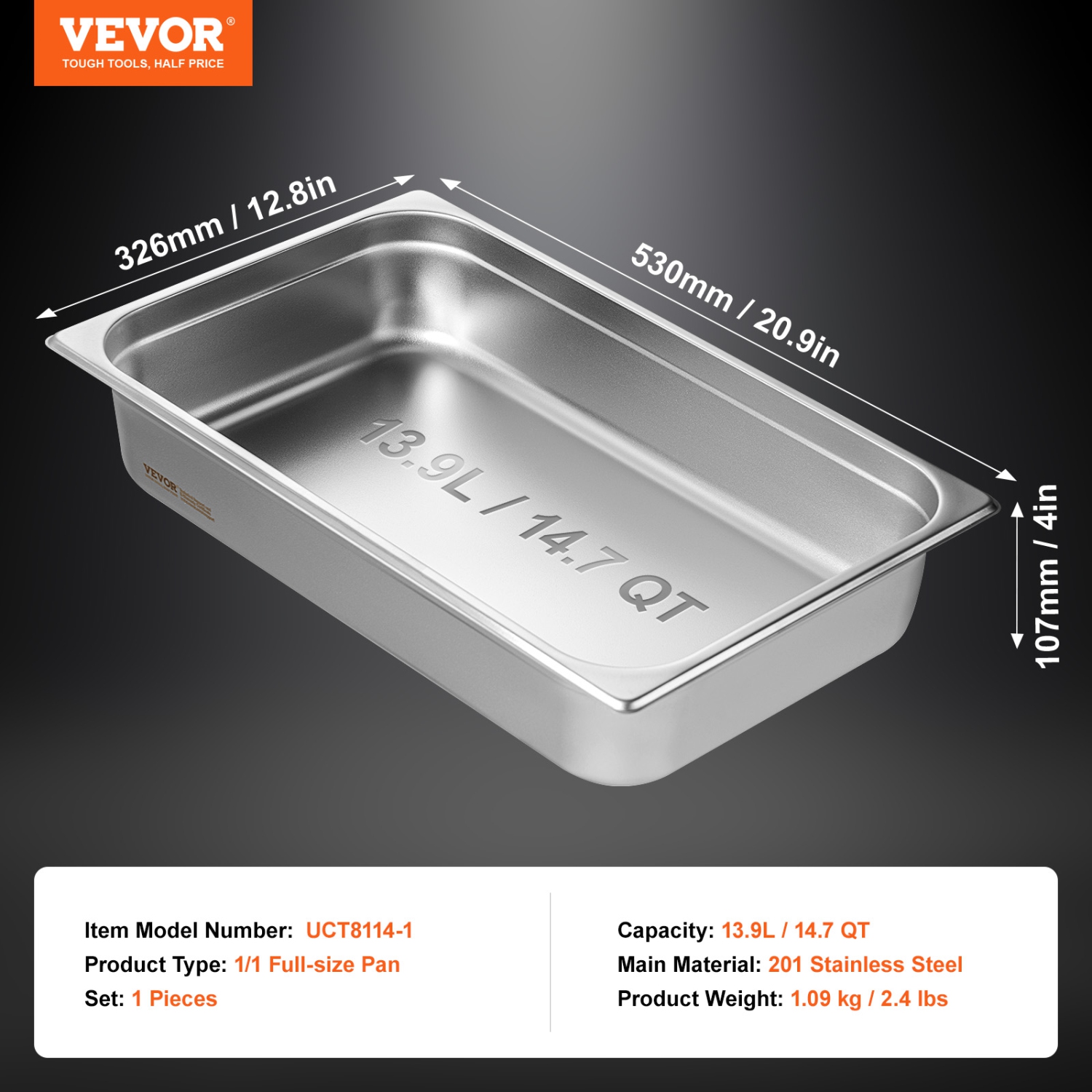 VEVOR 4-Inch Hotel Pan, Full Size Anti-Jam Steam Pan, 0.8mm Thick Stainless Steel Restaurant Steam Table Pan, Deep Commercial Table Pan, Catering