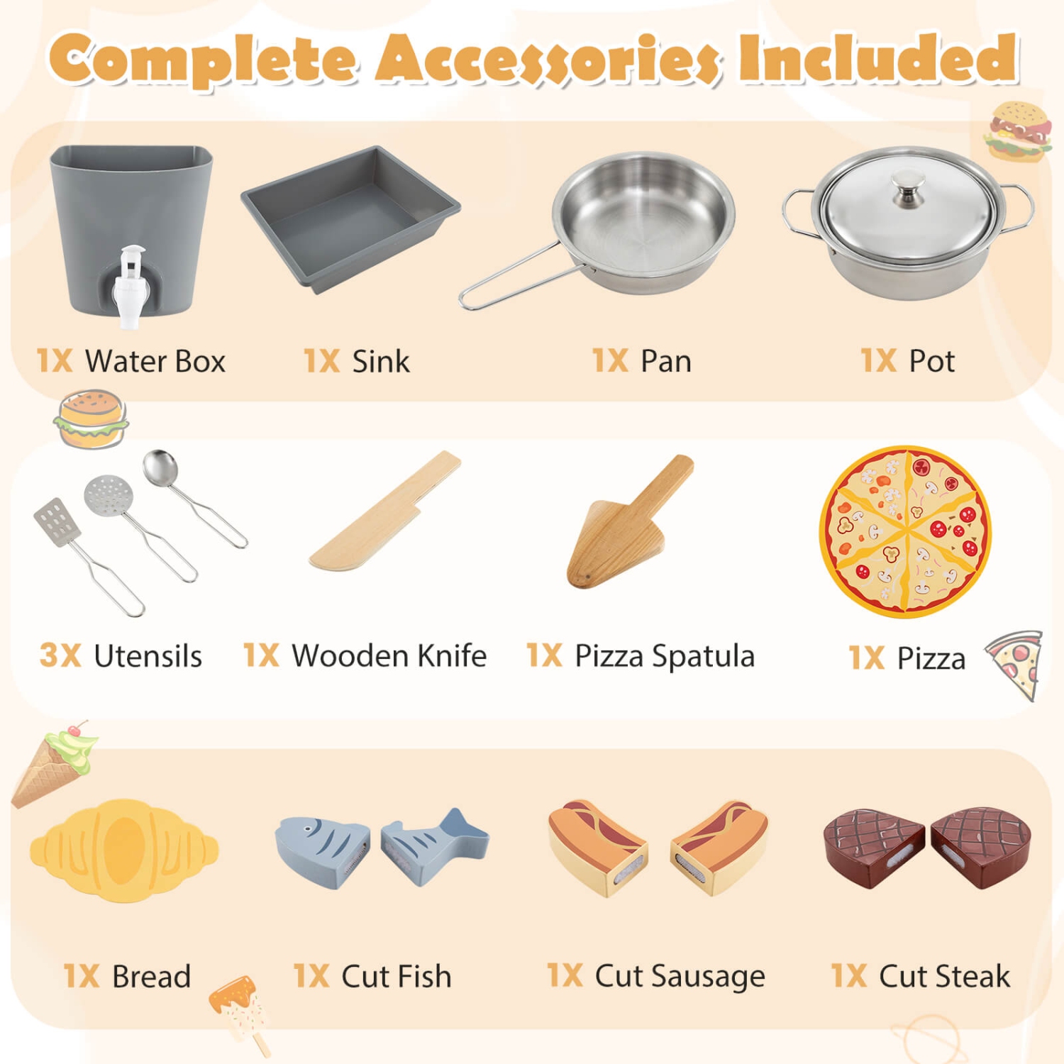 Ensemble de jeu de cuisine extérieure en bois de 3 pièces de Costway pour enfants Gril et four à pizza