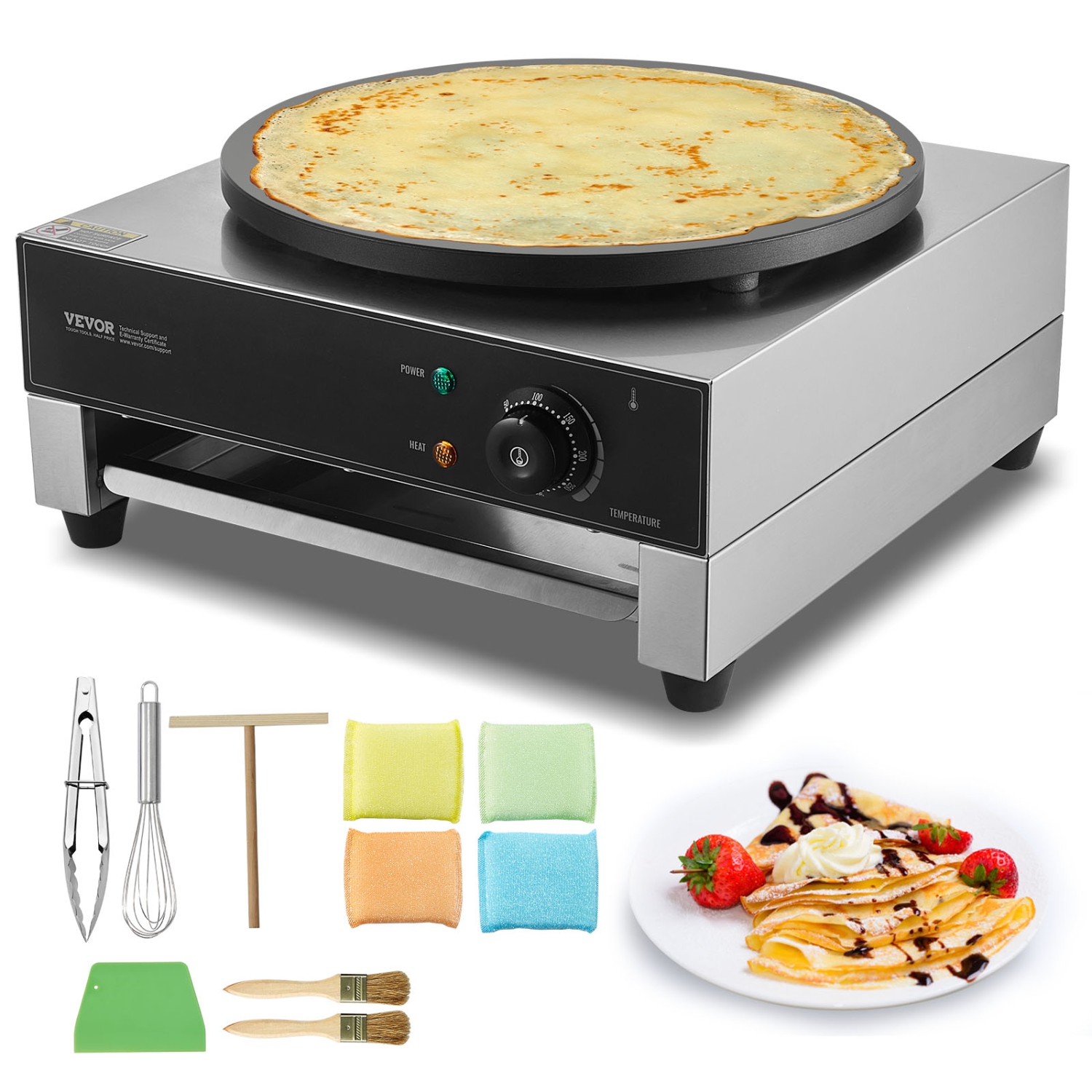 VEVOR 16-Inch Electric Crepe Maker, Commercial Crepe Machine, 1700W Flat Plate Crepe Griddle, Nonstick Stainless Steel Pancake Making Machine,