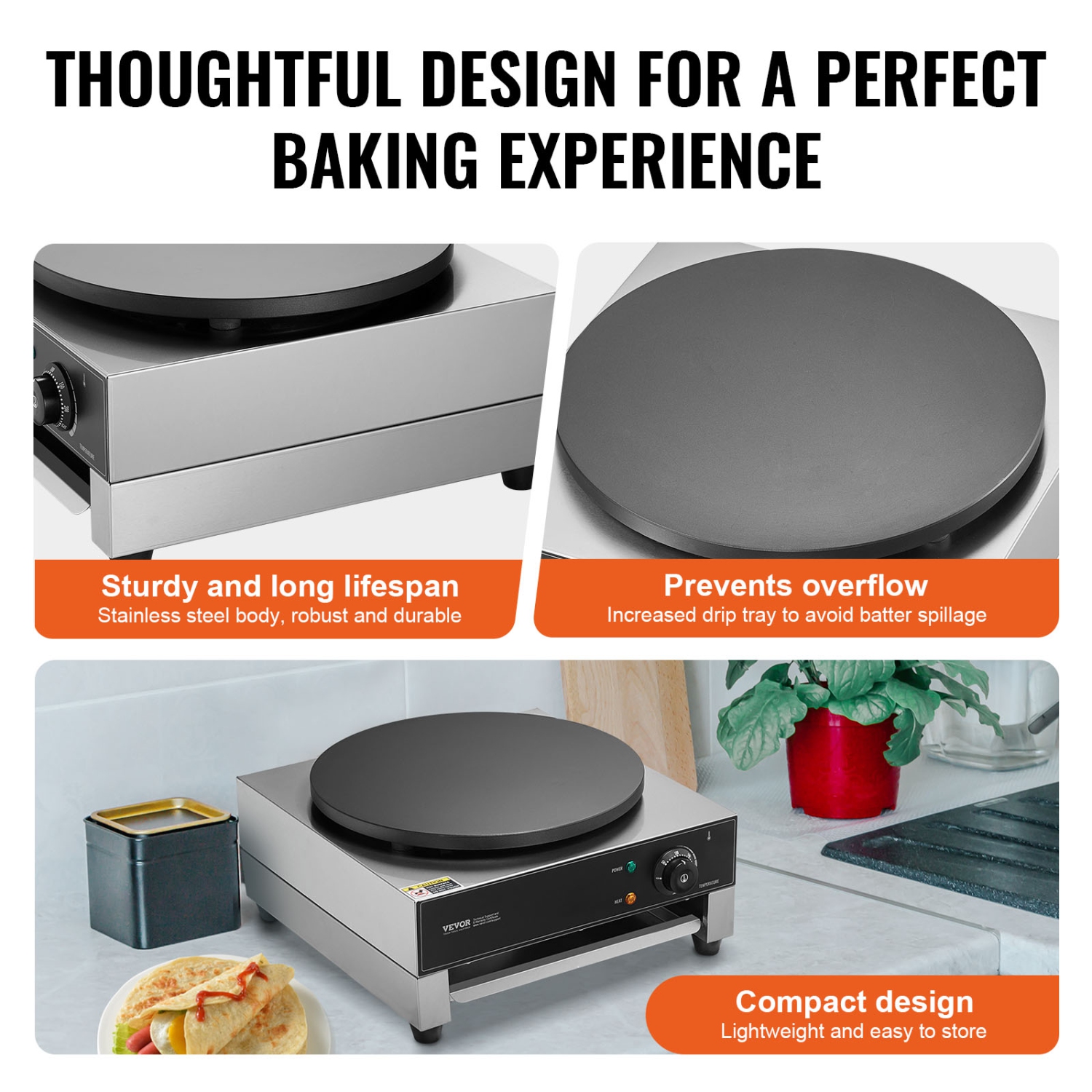 VEVOR 16-Inch Electric Crepe Maker, Commercial Crepe Machine, 1700W Flat Plate Crepe Griddle, Nonstick Stainless Steel Pancake Making Machine,