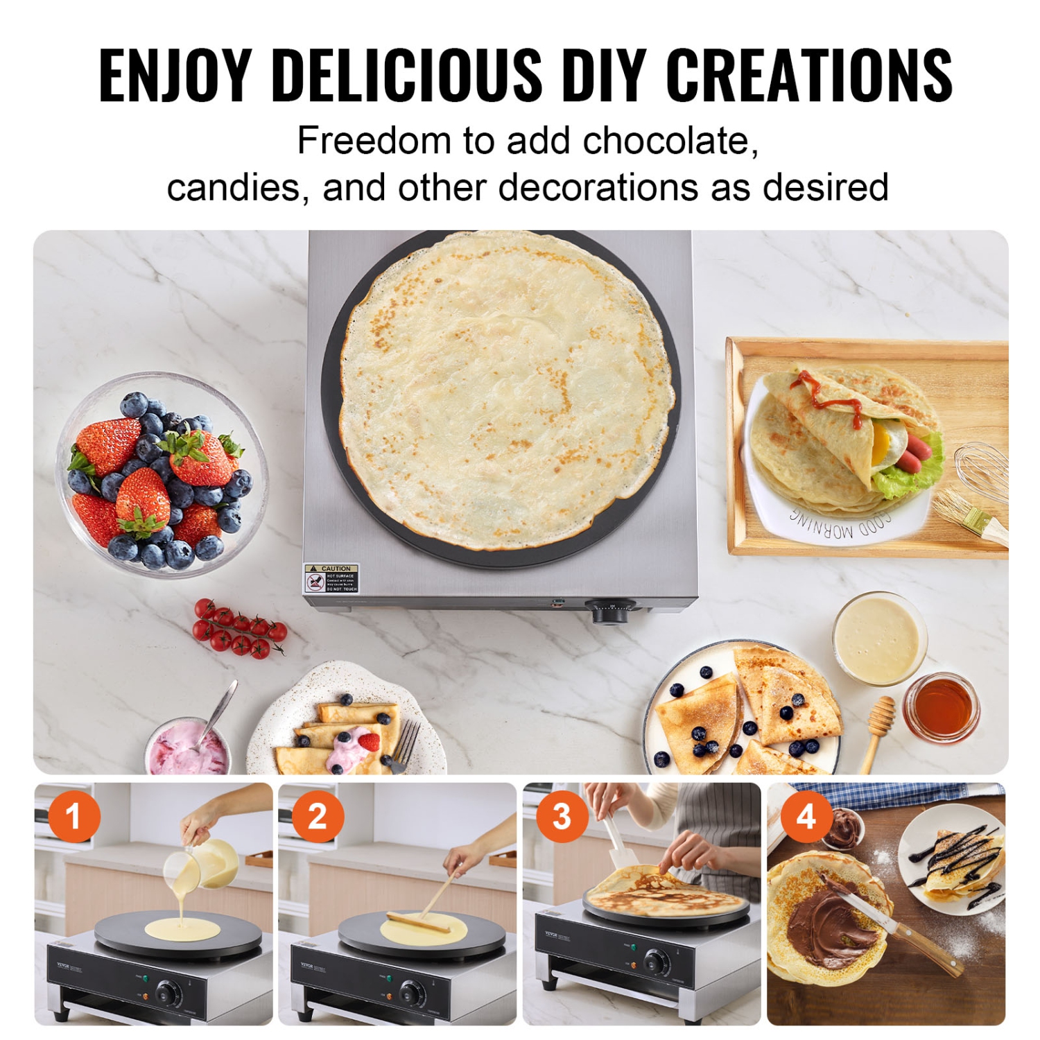 VEVOR 16-Inch Electric Crepe Maker, Commercial Crepe Machine, 1700W Flat Plate Crepe Griddle, Nonstick Stainless Steel Pancake Making Machine,