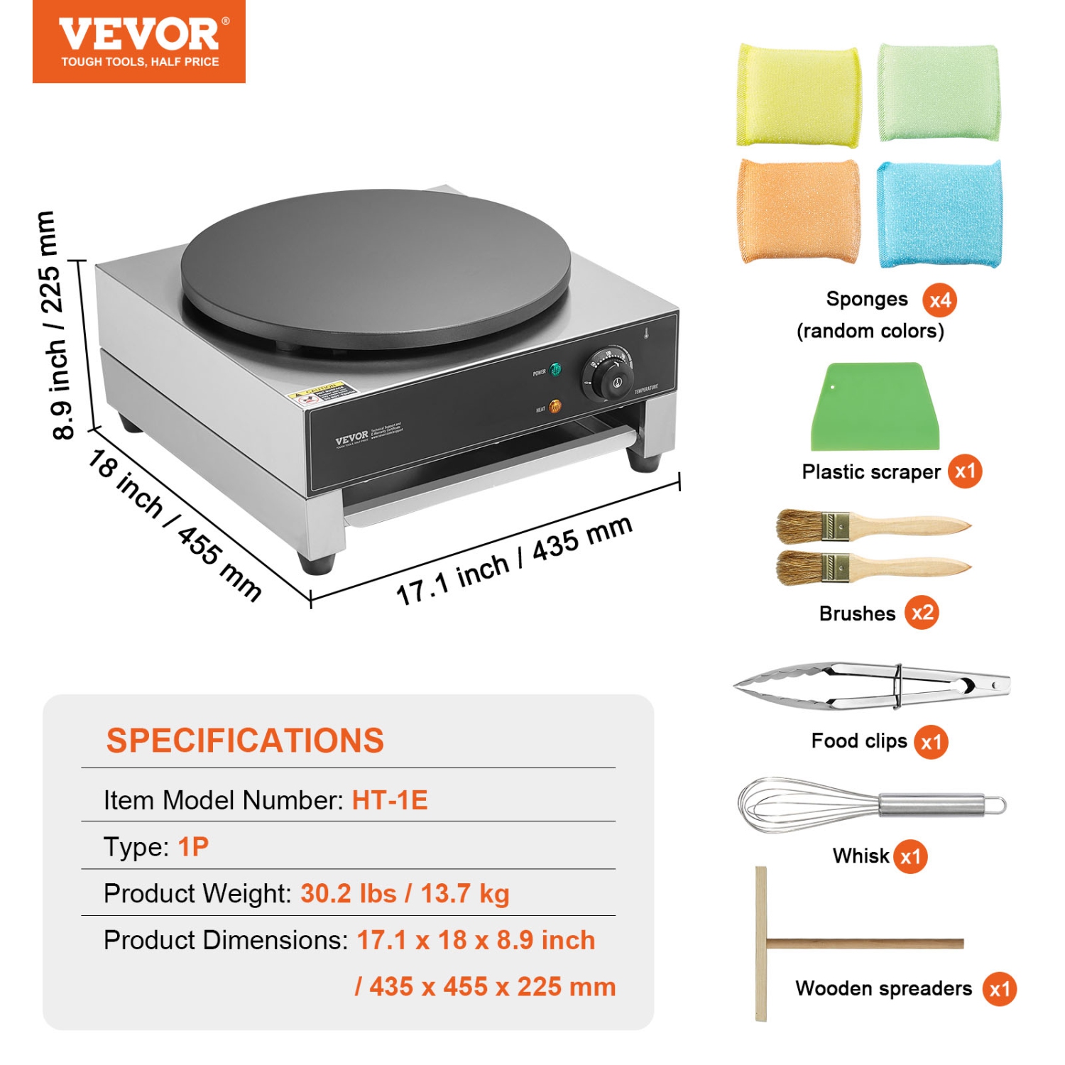 VEVOR 16-Inch Electric Crepe Maker, Commercial Crepe Machine, 1700W Flat Plate Crepe Griddle, Nonstick Stainless Steel Pancake Making Machine,