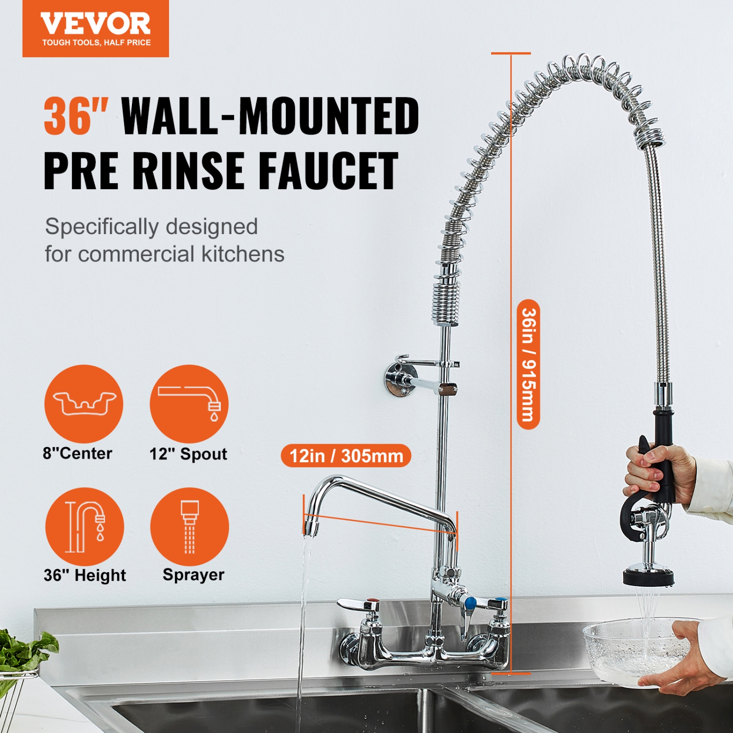 VEVOR 36" Tall Wall-Mounted Brass Kitchen Faucet, 8" Installation Width, Includes 12" Rotating Spout and Pull-Down Sprayer, Suitable for Single,