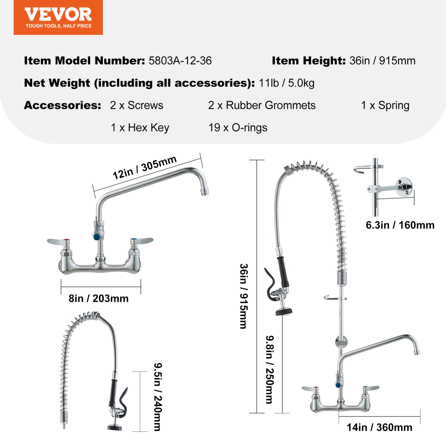 VEVOR 36" Tall Wall-Mounted Brass Kitchen Faucet, 8" Installation Width, Includes 12" Rotating Spout and Pull-Down Sprayer, Suitable for Single,